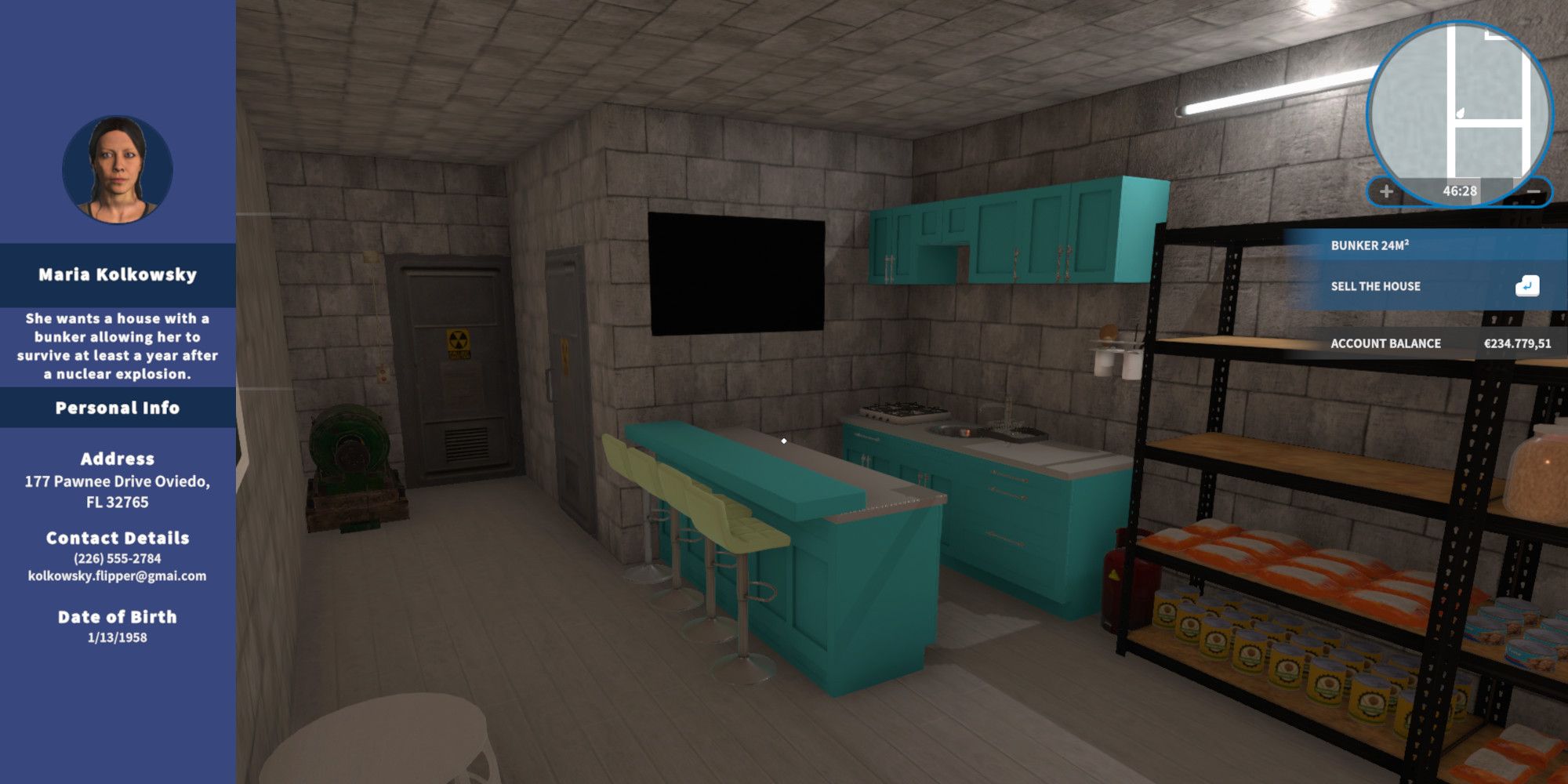 House Flipper Maria Kolkowsky bio next to a bunker kitted out with a kitchen, breakfast bar, tv, and stock of food