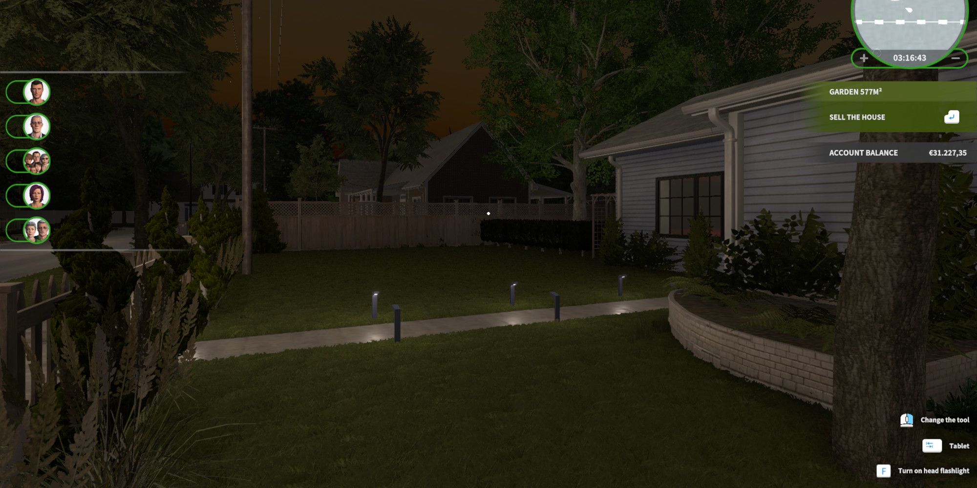 Front yard with a path lined by solar lights from the Garden Flipper DLC for House Flipper