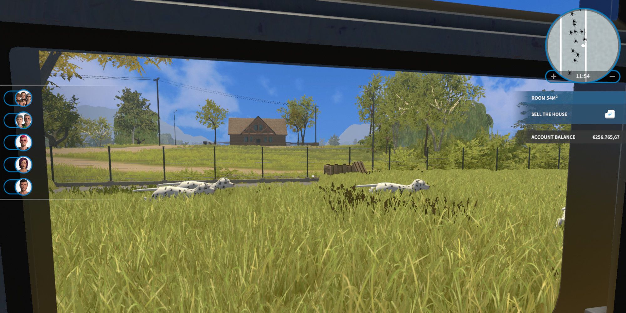 Window view of dalmations from the Pets DLC for House Flipper running around in a grassy yard