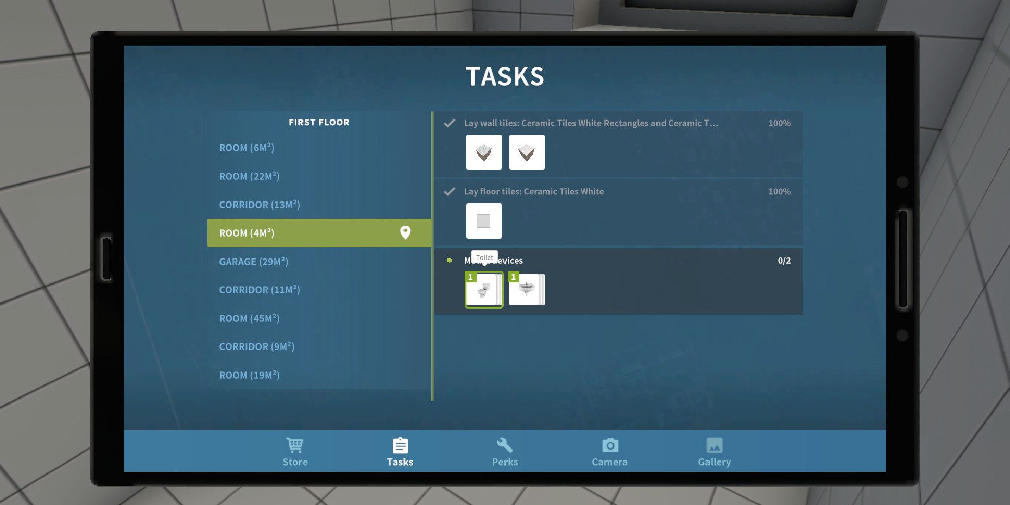 House Flipper Tablet with the tasks menu open, showing the appliances that need to be installed in the room