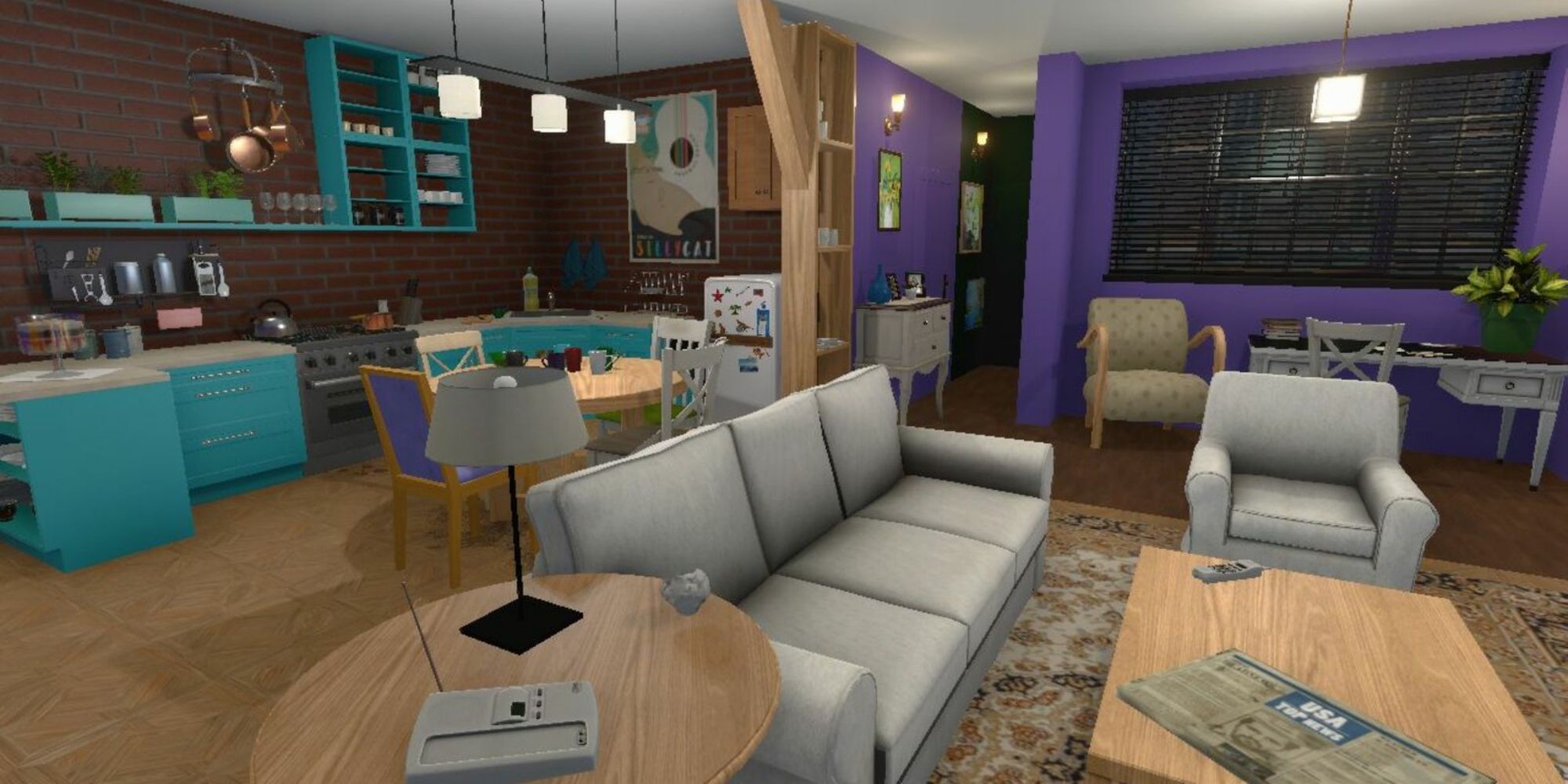 A clean apartment, a couch in the forefront and a kitchen behind it