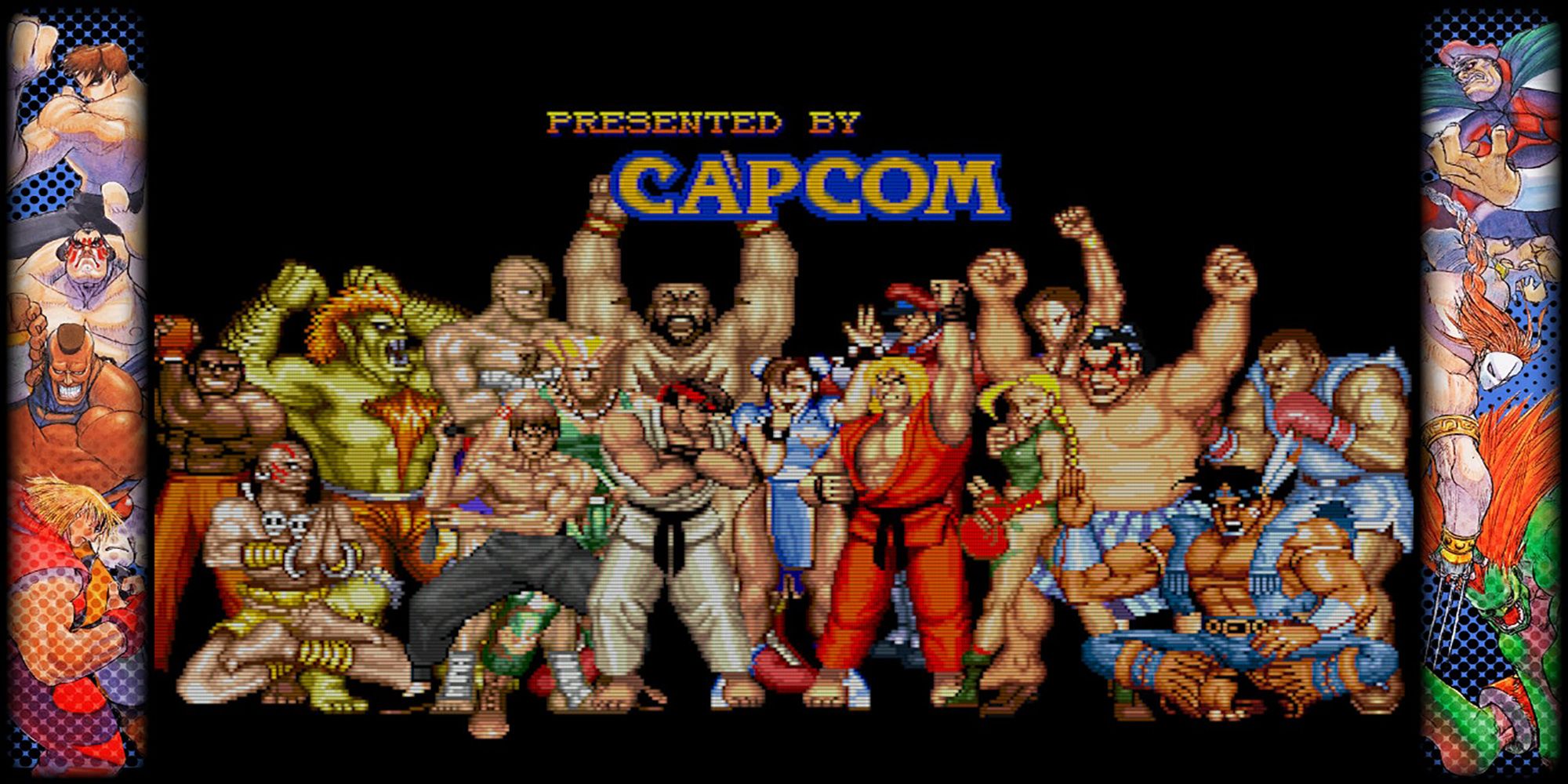 Hyper Street Fighter 2's cast of fighters congratulate the player after completing the game with no continues in Capcom Fighting Collection.