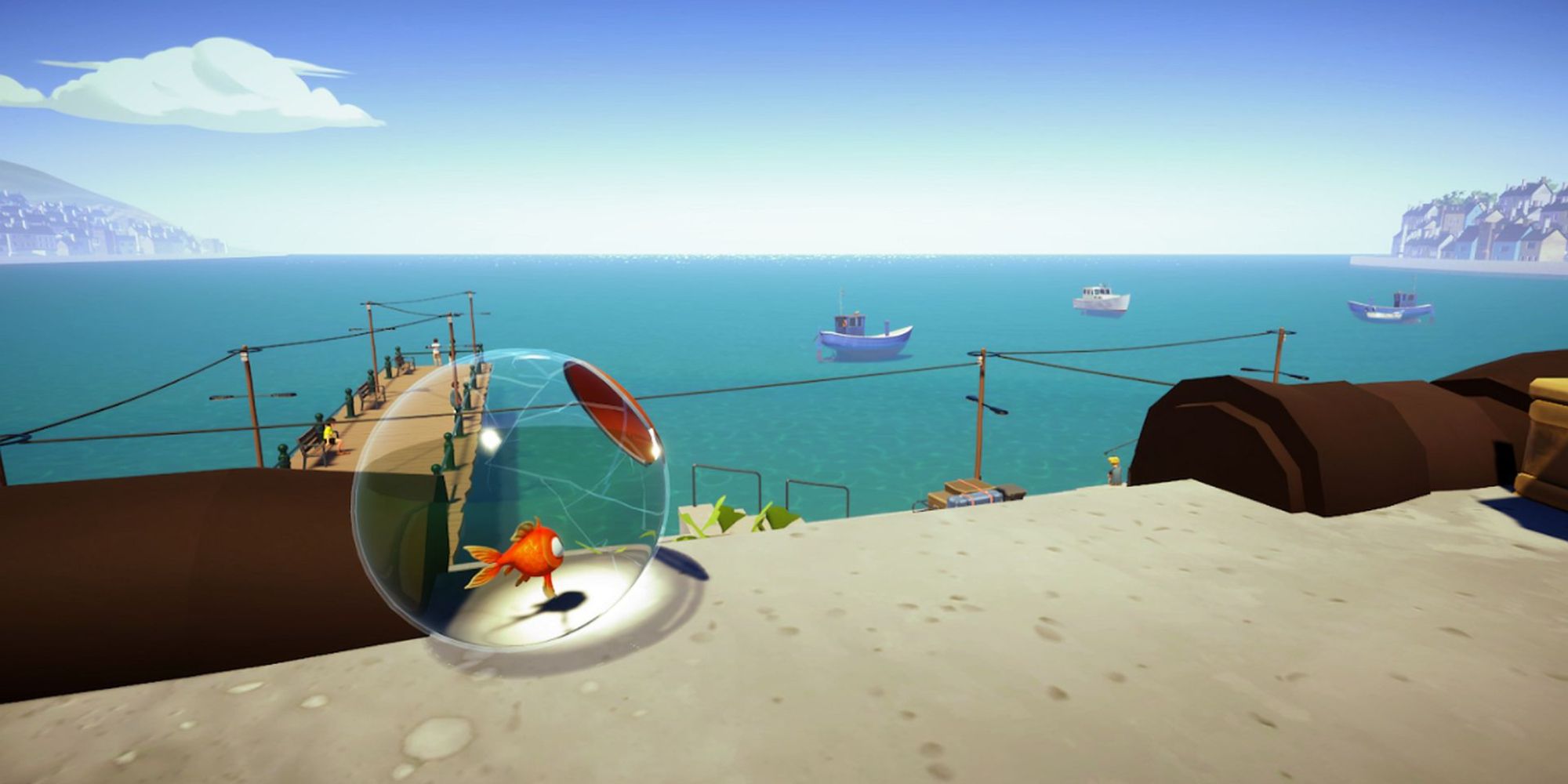 Goldfish in a cracked fish bowl on top of a roof overlooking the ocean in I Am Fish