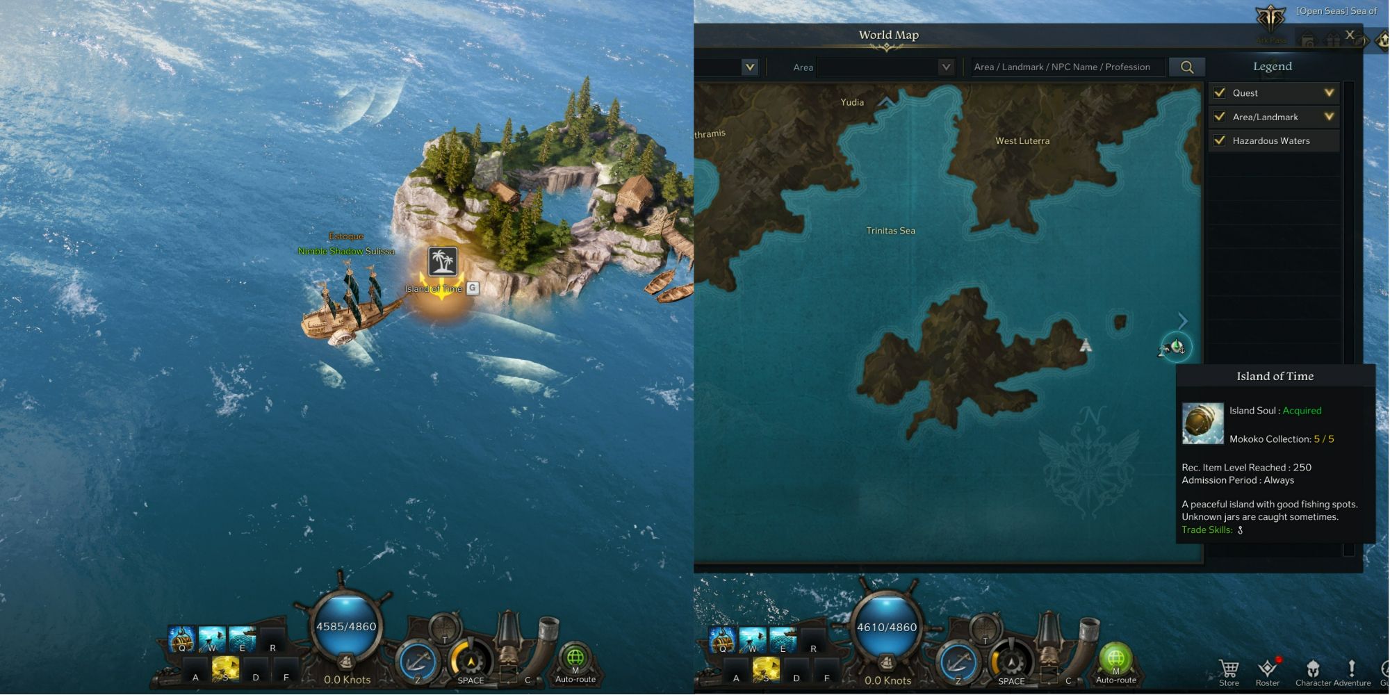 Lost Ark split image of Island of Time location on open sea and on map