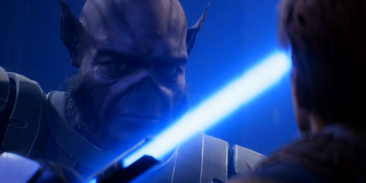 Jaro Tapal lighting a lightsaber in Star Wars Jedi: Fallen Order.