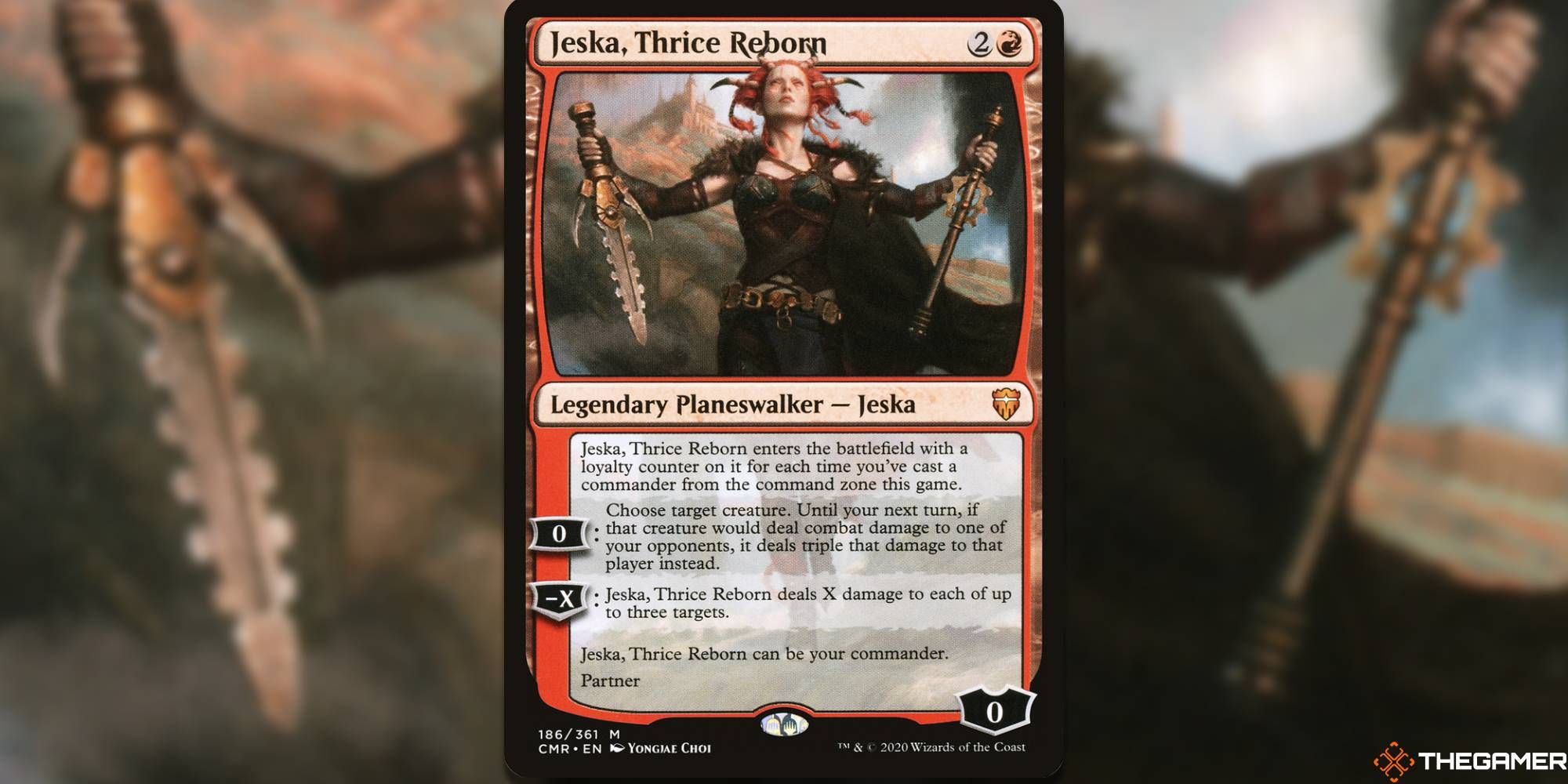 Jeska, Thrice Reborn Magic: The Gathering card overlaid over artwork.