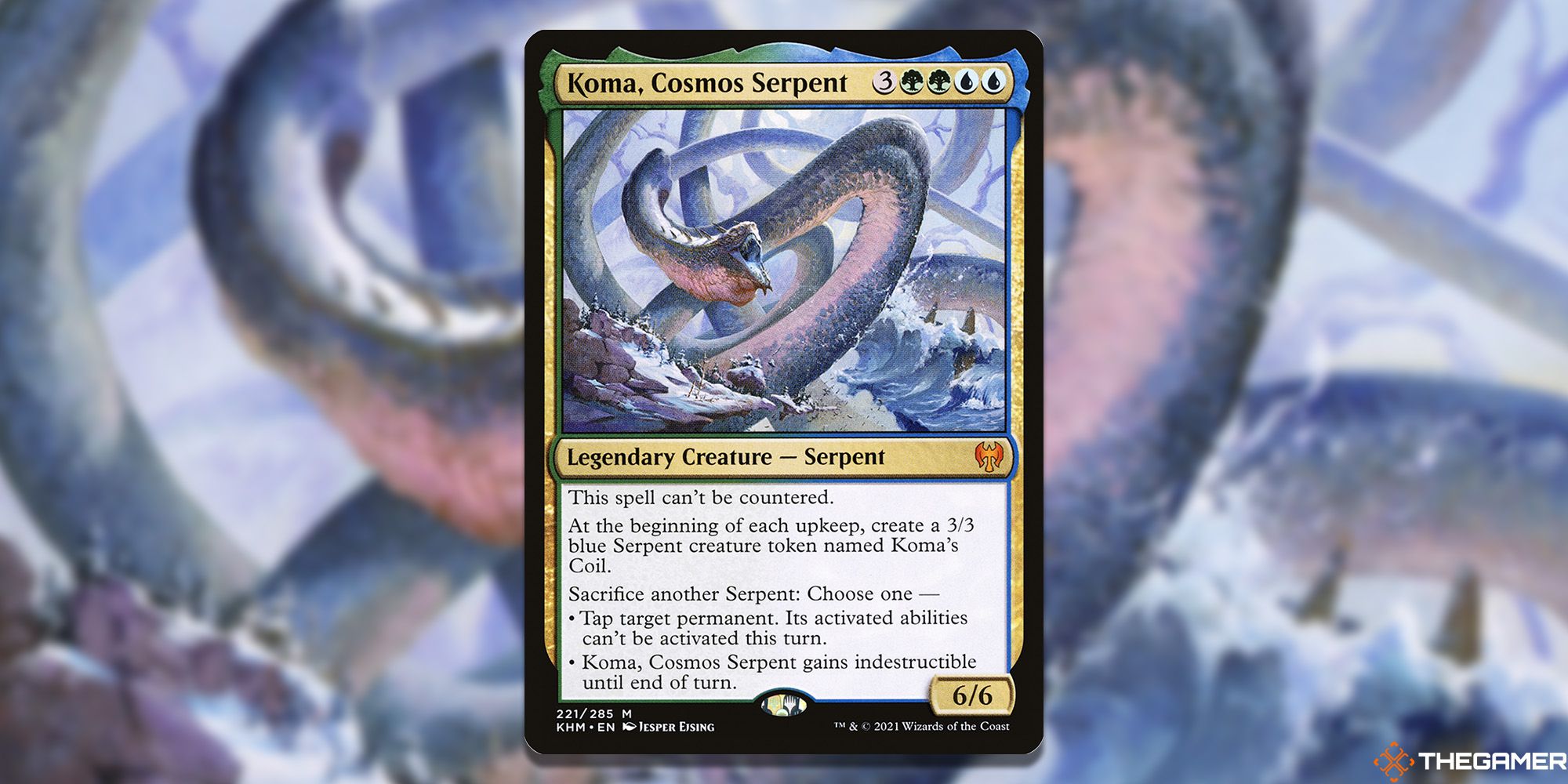 Koma, Cosmos Serpent Magic: The Gathering card overlaid over artwork.