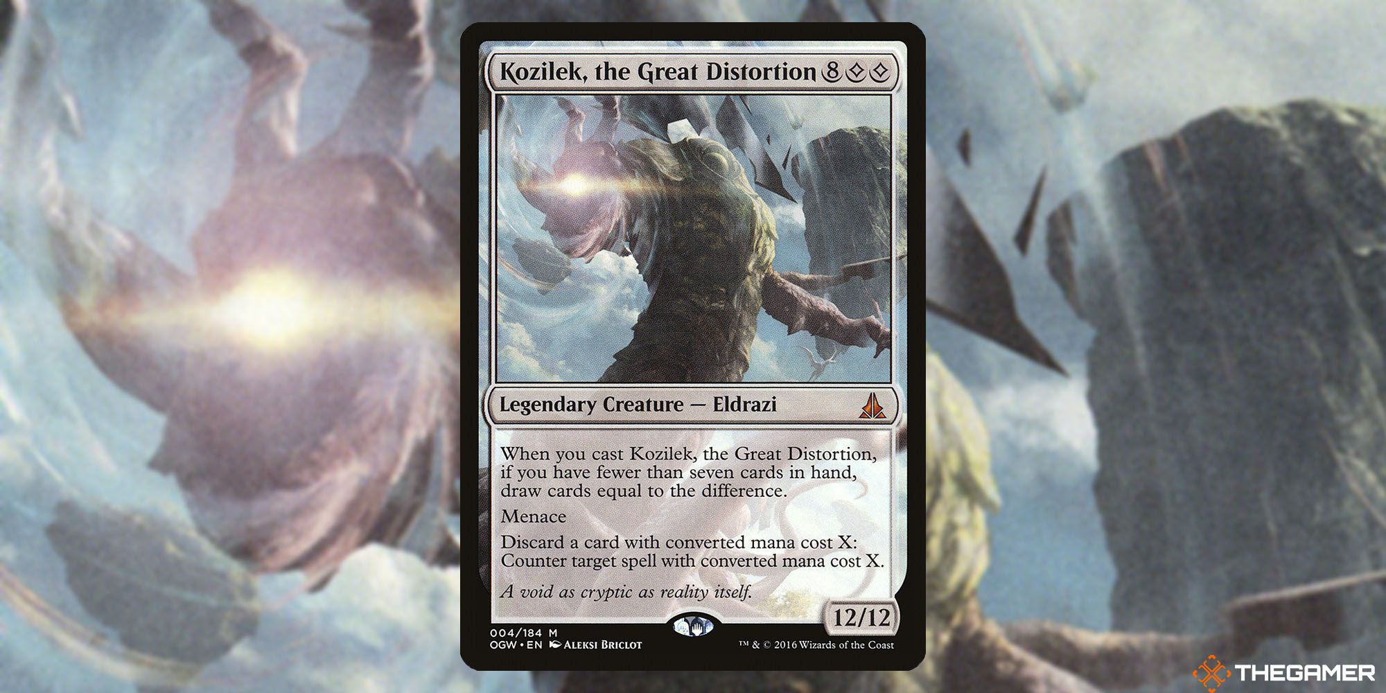 A ginormous Eldrazi titan stands tall, with it's hand pointing at the viewer. A spot of white light from the centre of the palm seems to visible distort the blue sky around it