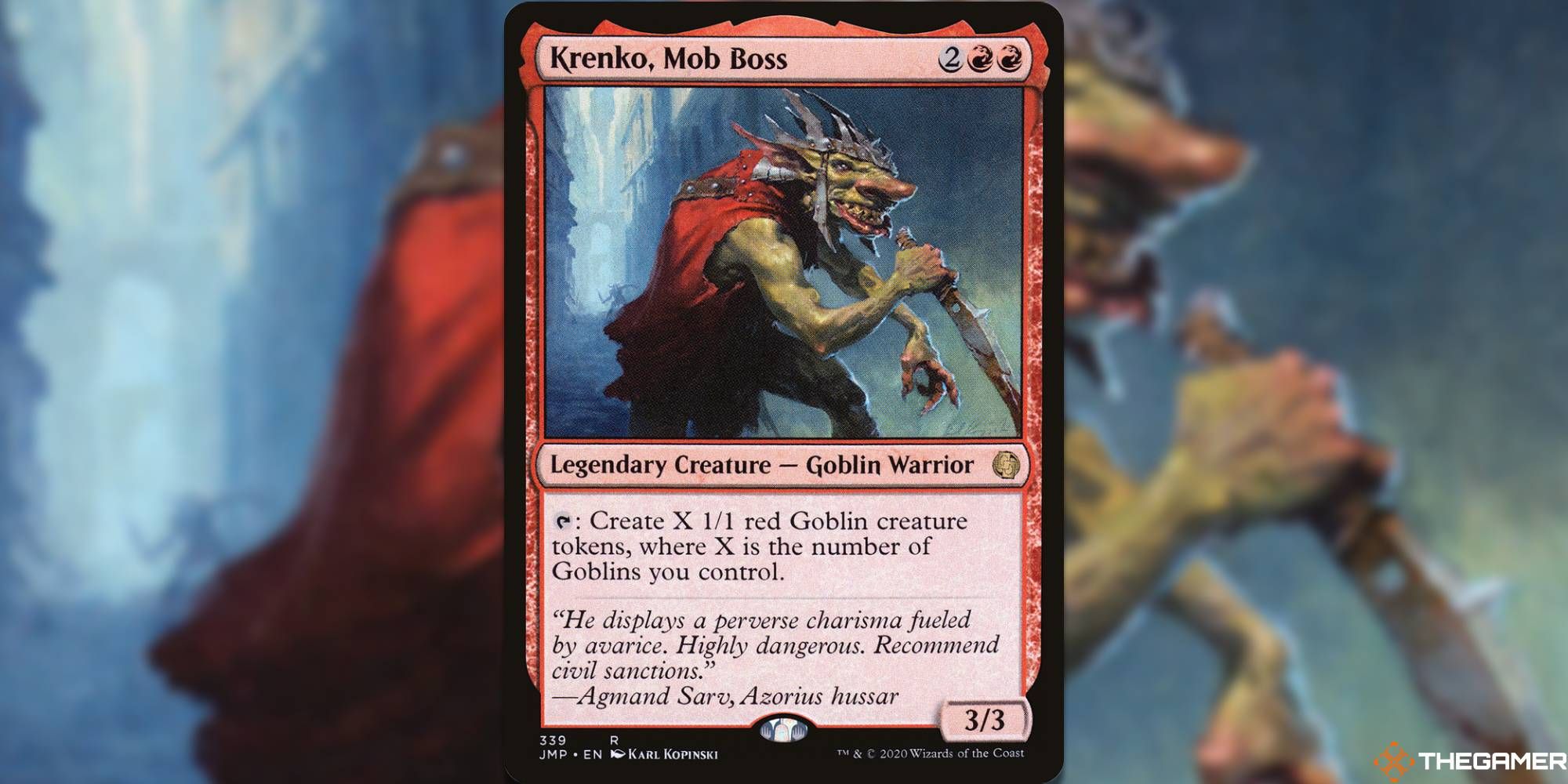 Image of the Krenko Mob Boss card in Magic: The Gathering, with art by Karn Kopinski