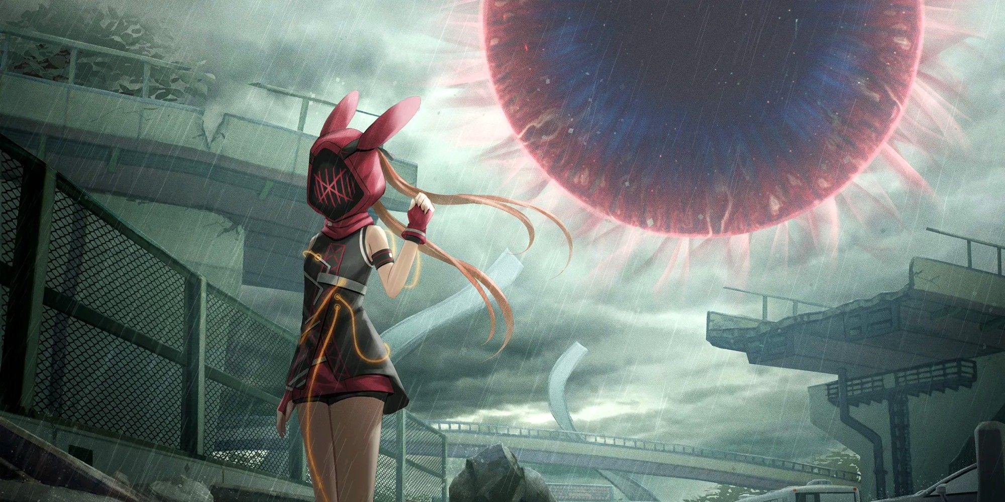 Kunad Gate Scarlet Nexus girl stands in front facing away from death gate above her