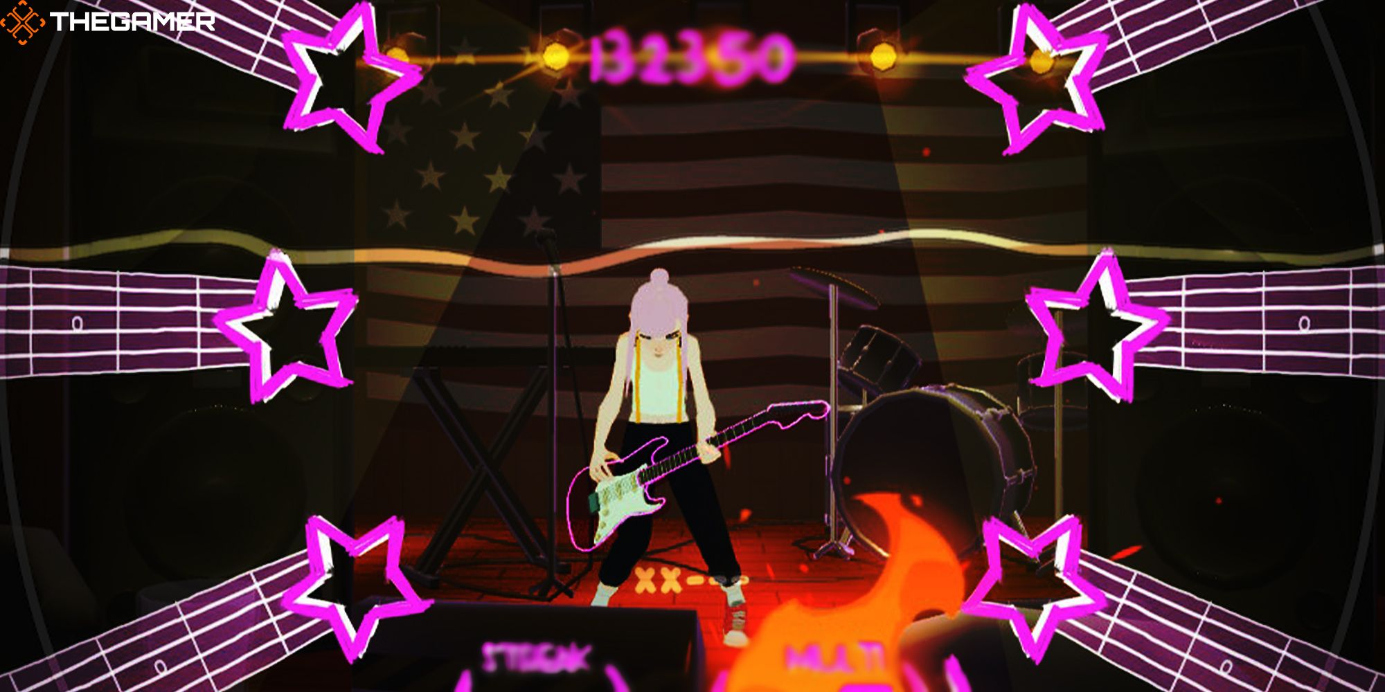 Astrid jams out in a bar while a calibration line scrolls across the screen in LOUD. Custom Image for TG.
