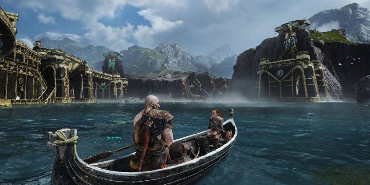 Kratos and Atreus travelling in a boat in the Lake of Nine in God Of War PS4