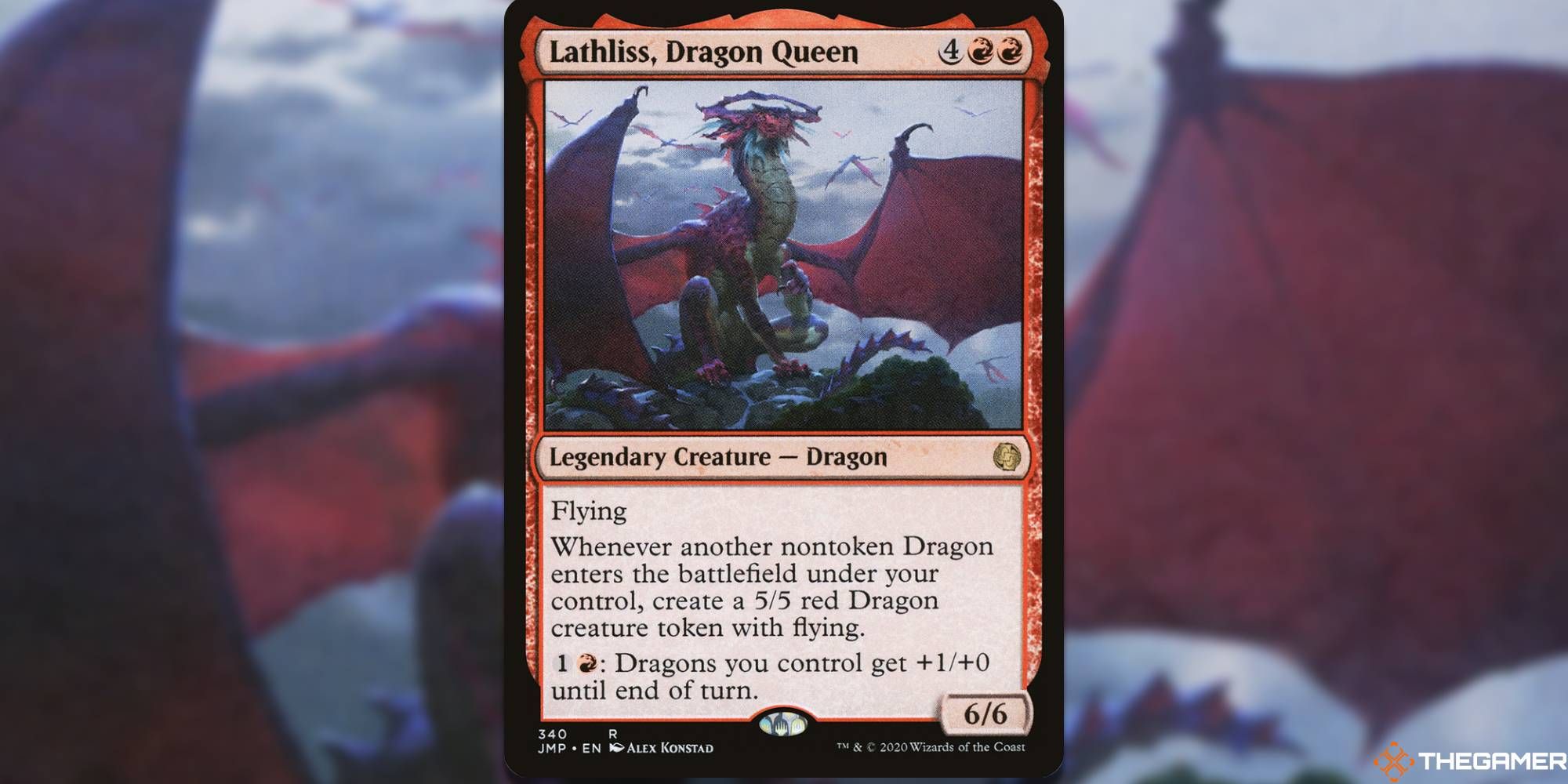 Lathliss, Dragon Queen Magic: The Gathering card overlaid over artwork.