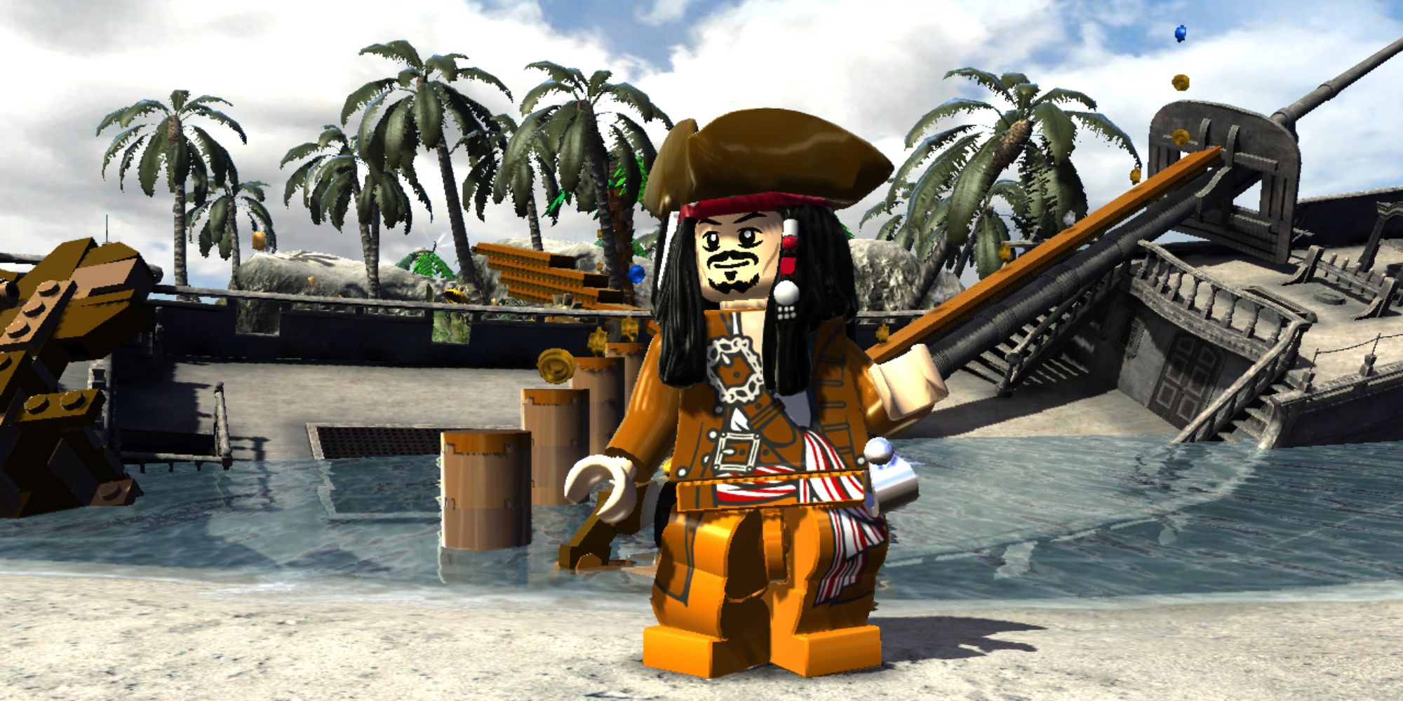 Lego Pirates Of The Caribbean Screenshot Of Jack Sparrow In Front Of Shipwreck
