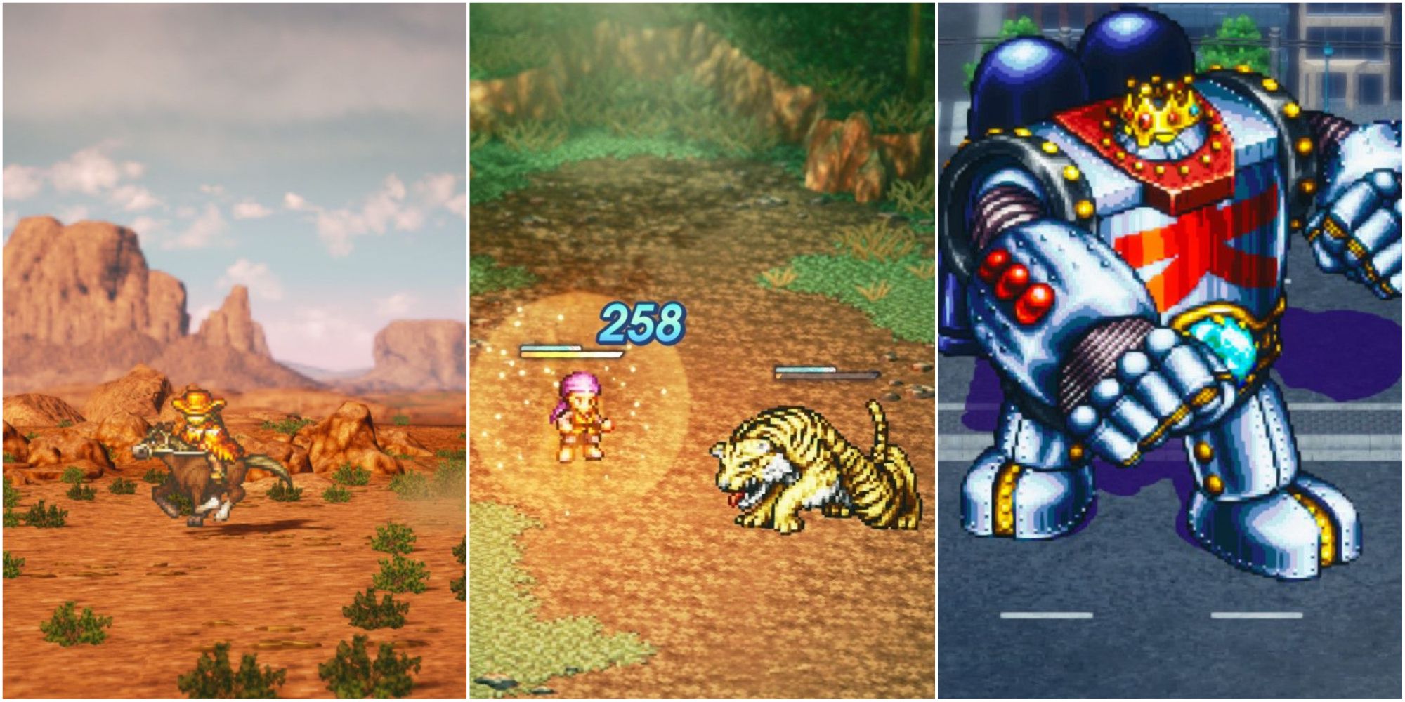 Live a Live - cowboy in the desert, fighting a tiger, and a robot in a street