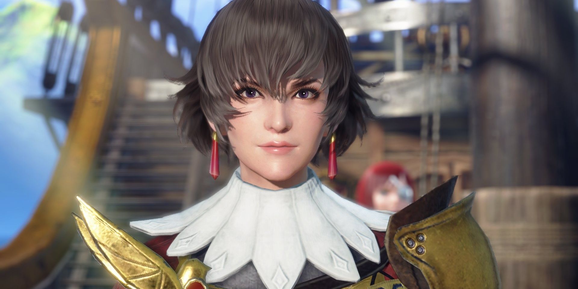 Fiorayne smiling in a cutscene on a boat looking forwards