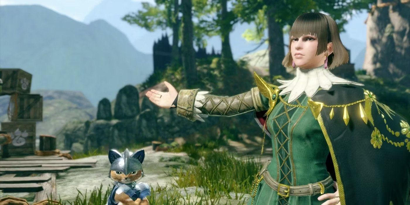 Rondine in the buddy area with her hand outstretched and a Palico beside her