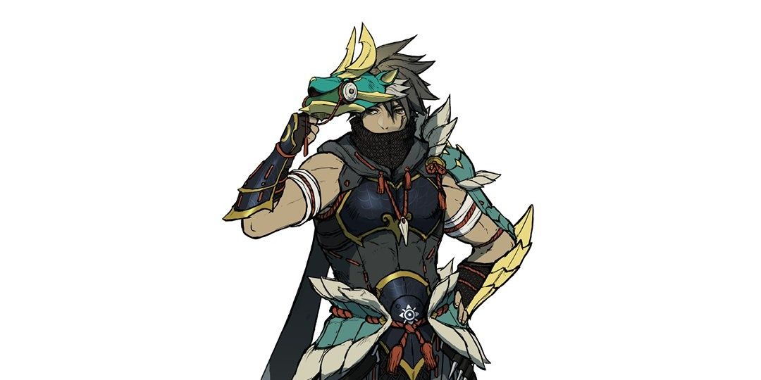 A concept art of Utsushi peeking out from under his mask