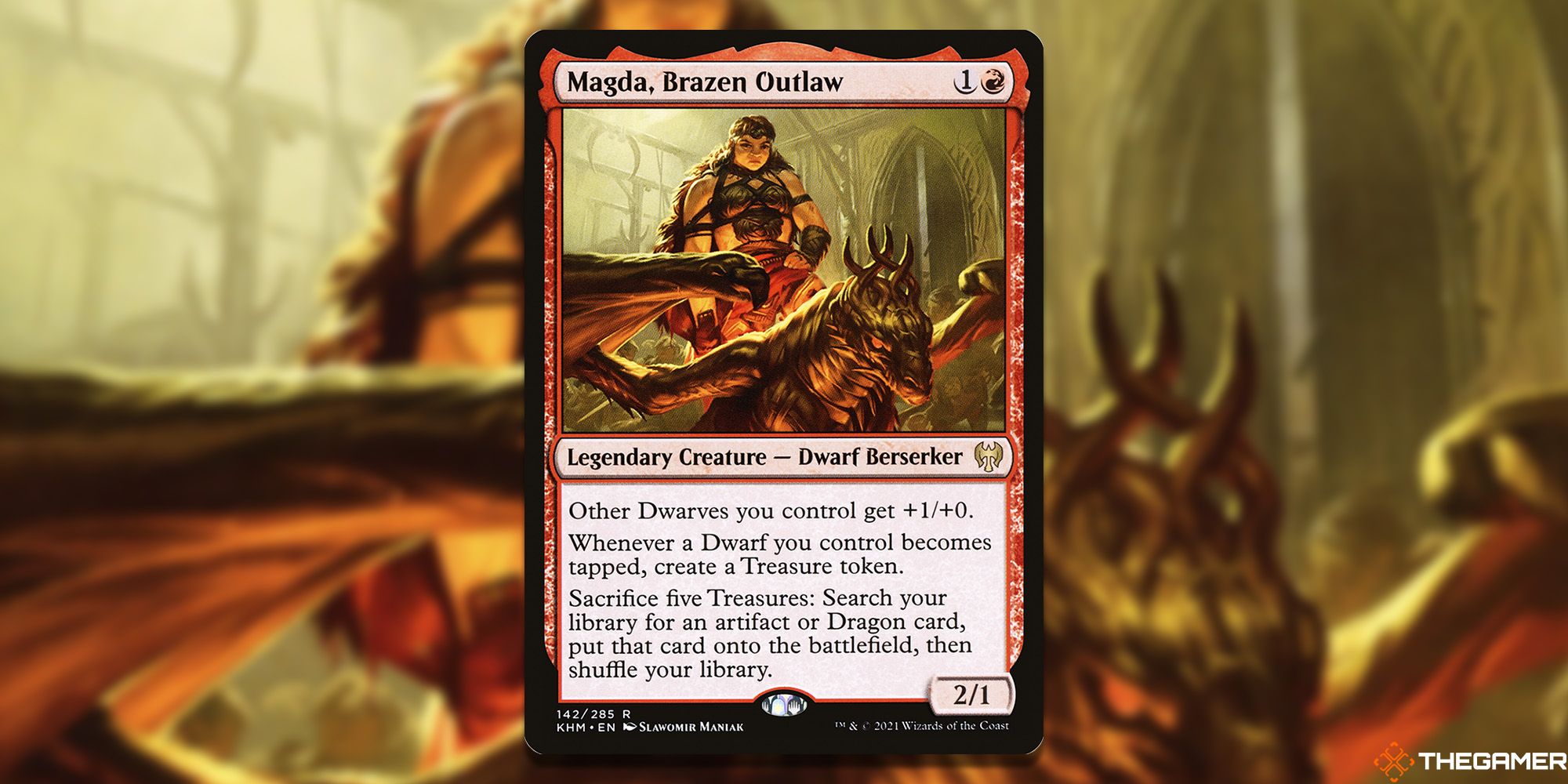 Magda, Brazen Outlaw Magic: The Gathering card overlaid over artwork.