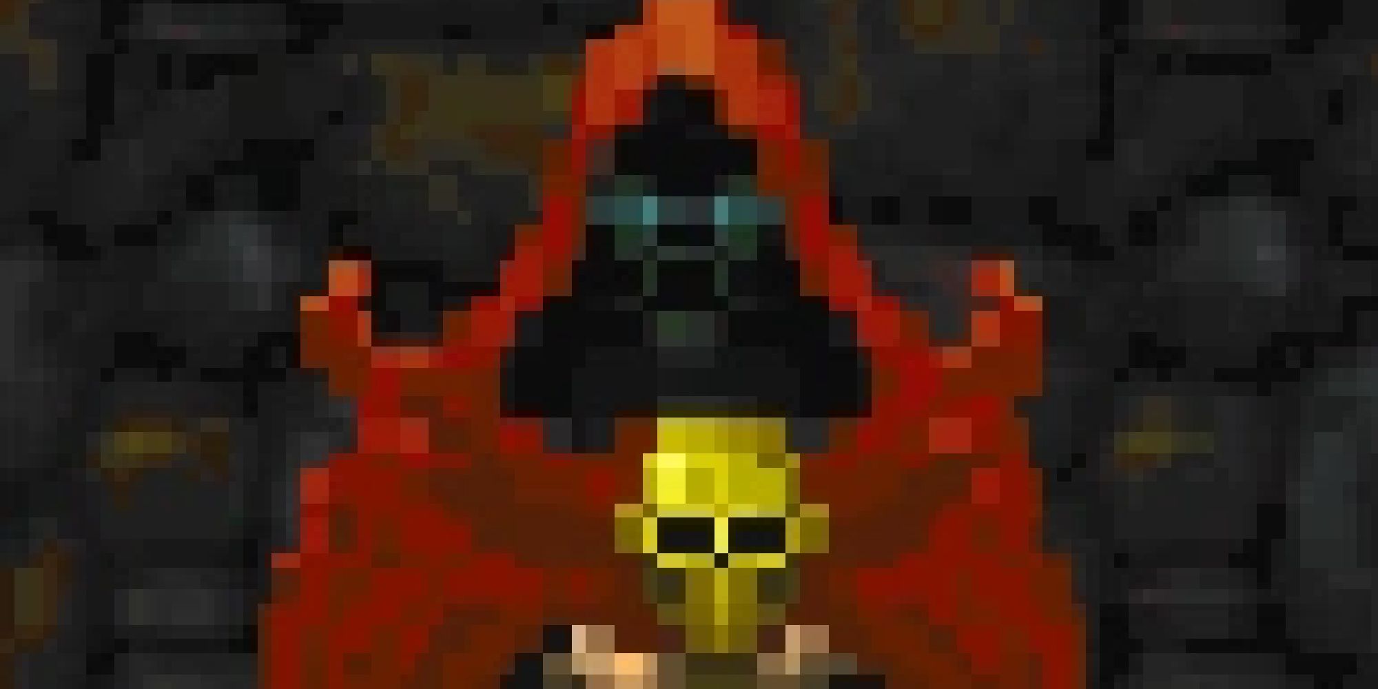 Mannimarco in a red robe with a skull staff standing in a stone brick dungeon