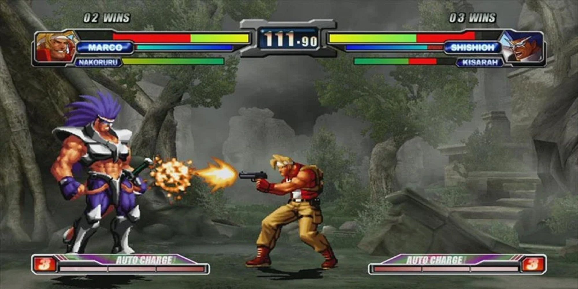 Marco shoots down Shishioh during a battle in a ruins filled forest in NeoGeo Battle Coliseum.