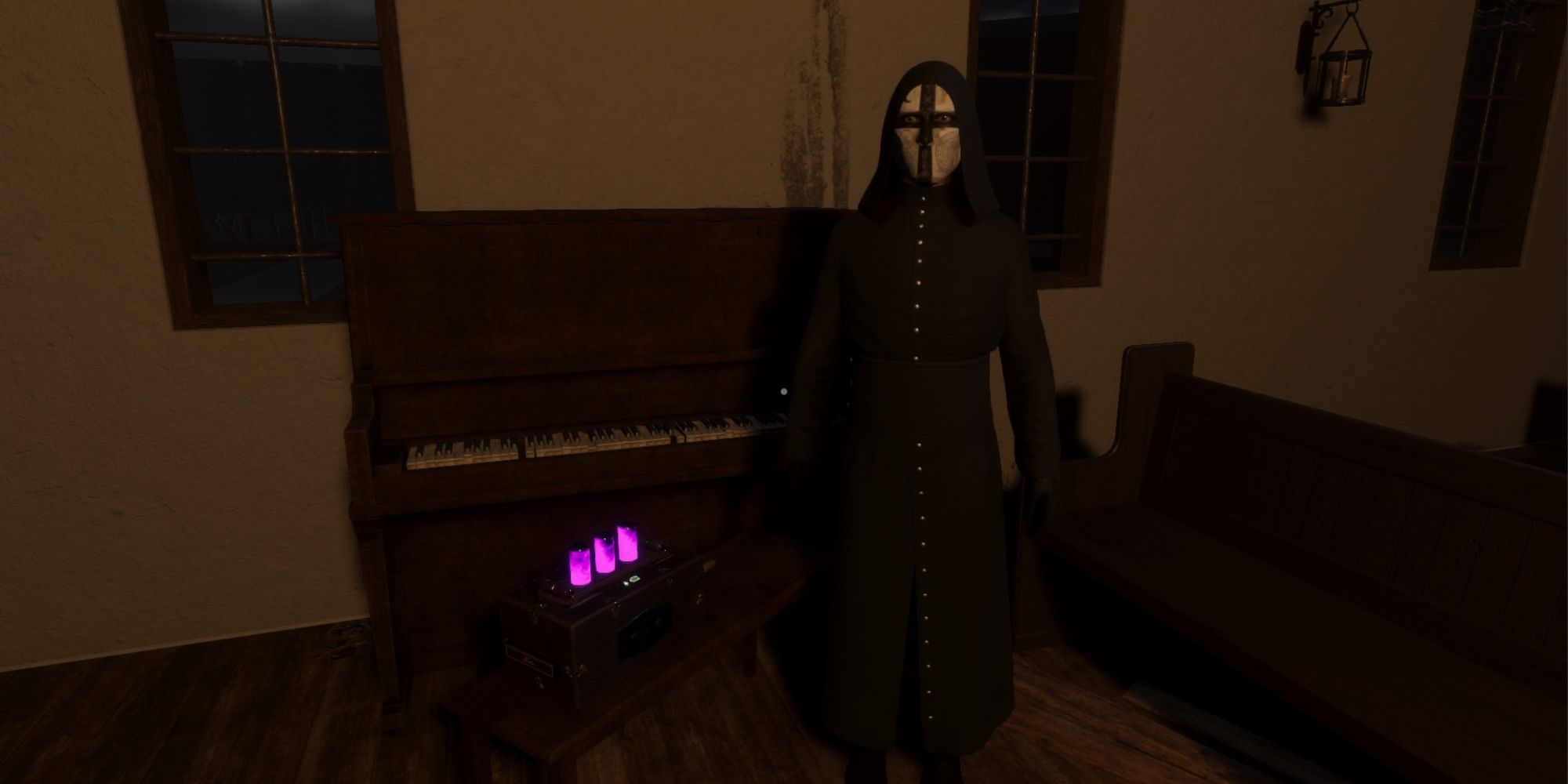 Masks of Deception player near piano