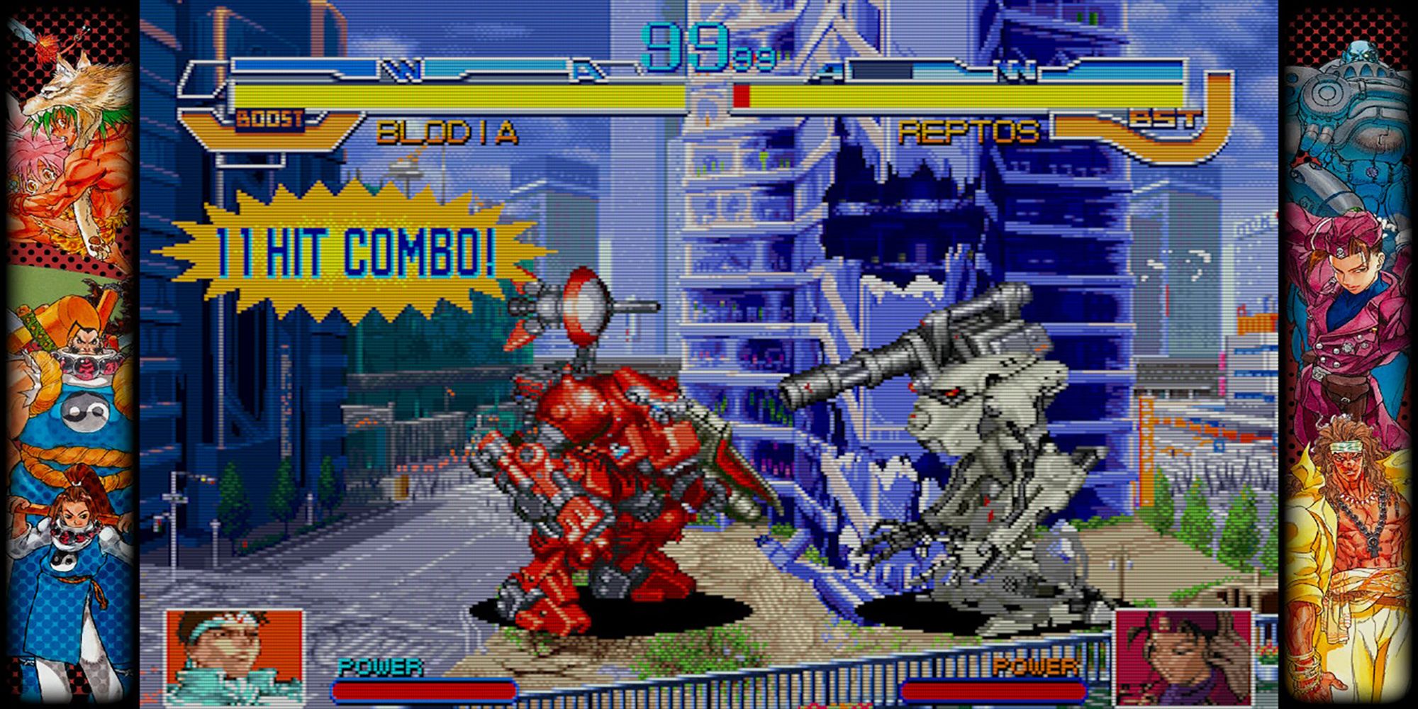 A Megalopolis skyscraper crumbles while two mechs battle in Cyberbots, a game in Capcom Fighting Collection.