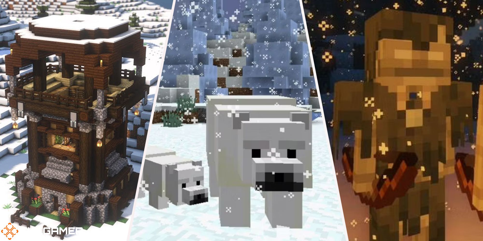 Minecraft - Stray (left), polar bears (middle), pillager outpost (right)