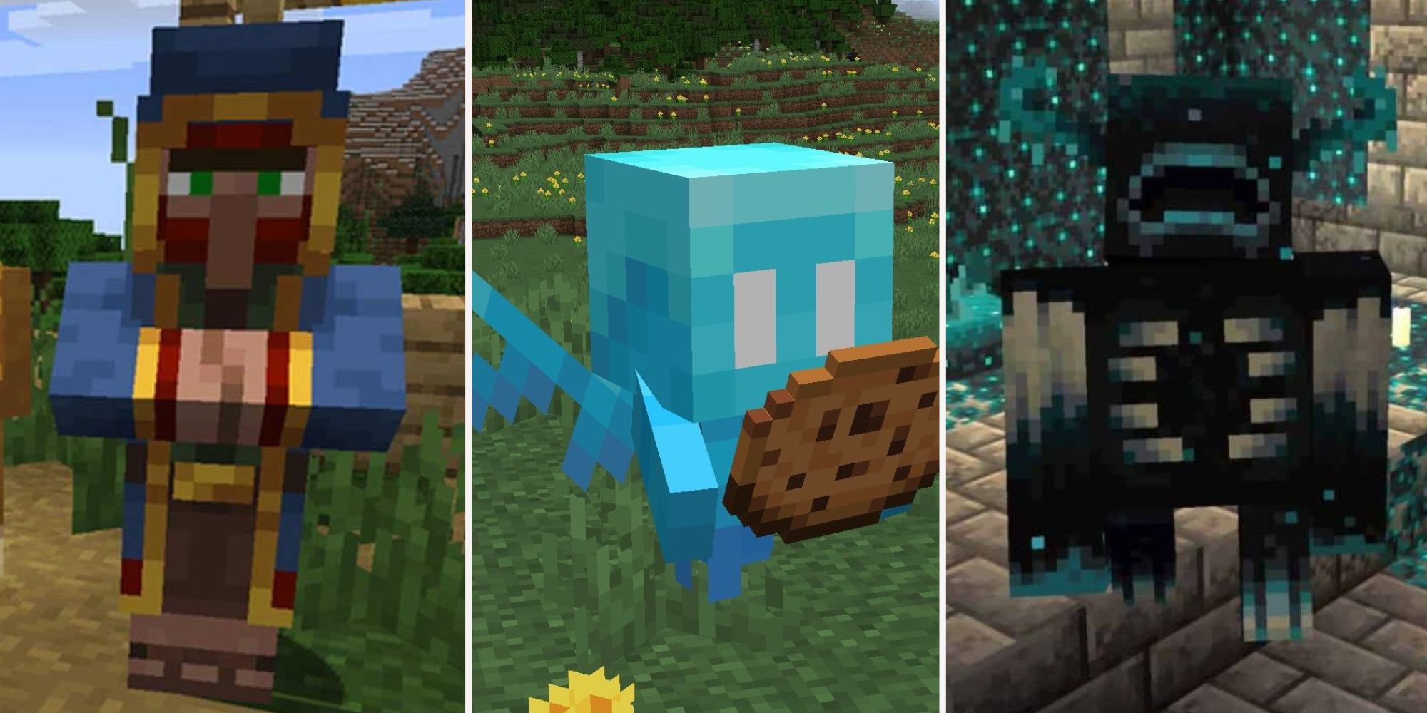 Minecraft Trader Allay and Warden in a split image side by side