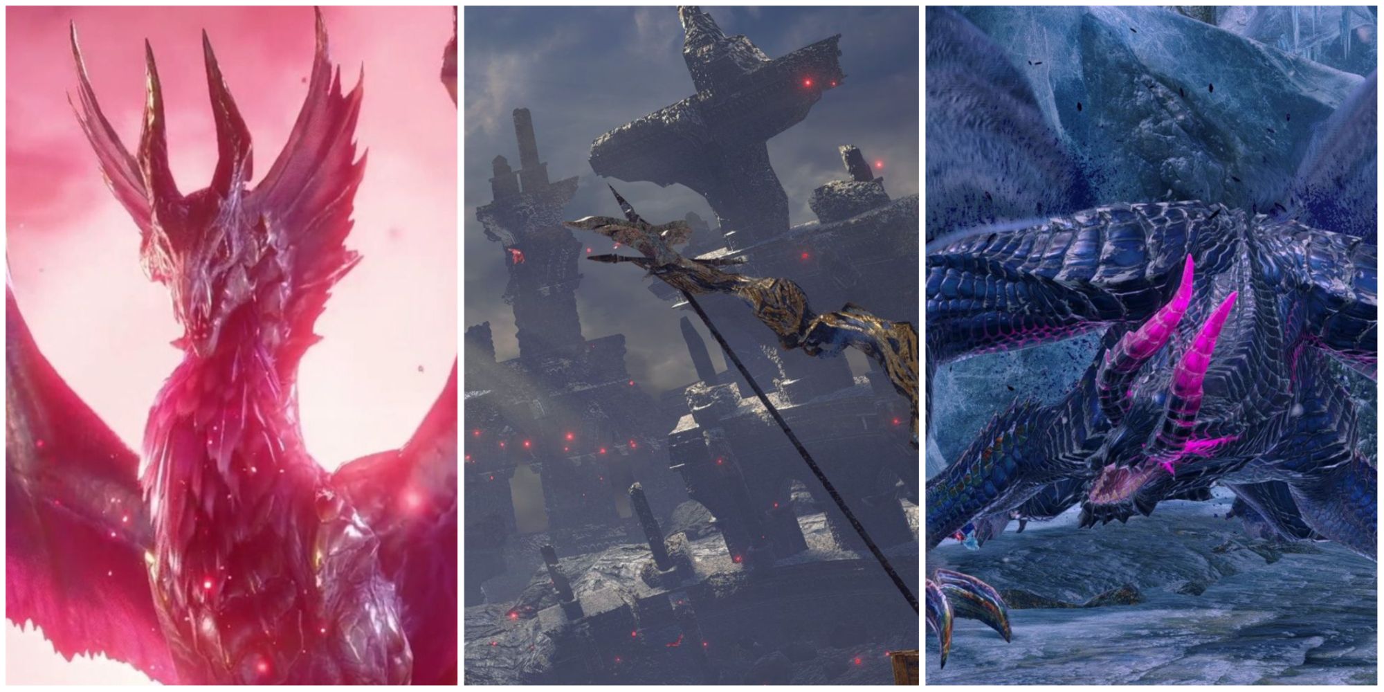 Malzeno covered in Qurio, a banner dangling over Gasmagorm's arena, Gore Magala with their purple horns showing, left to right
