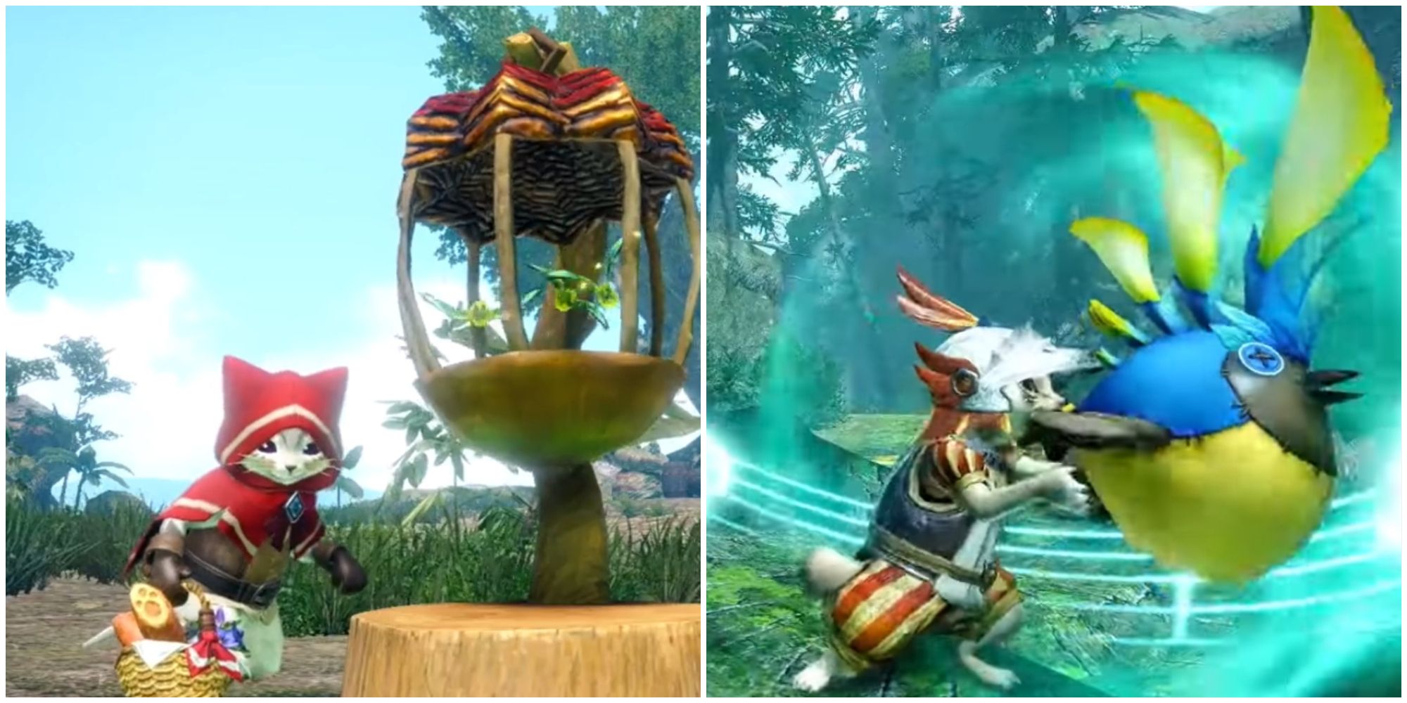 Split image showing various Palico Secret Support moves from Monster Hunter Rise.