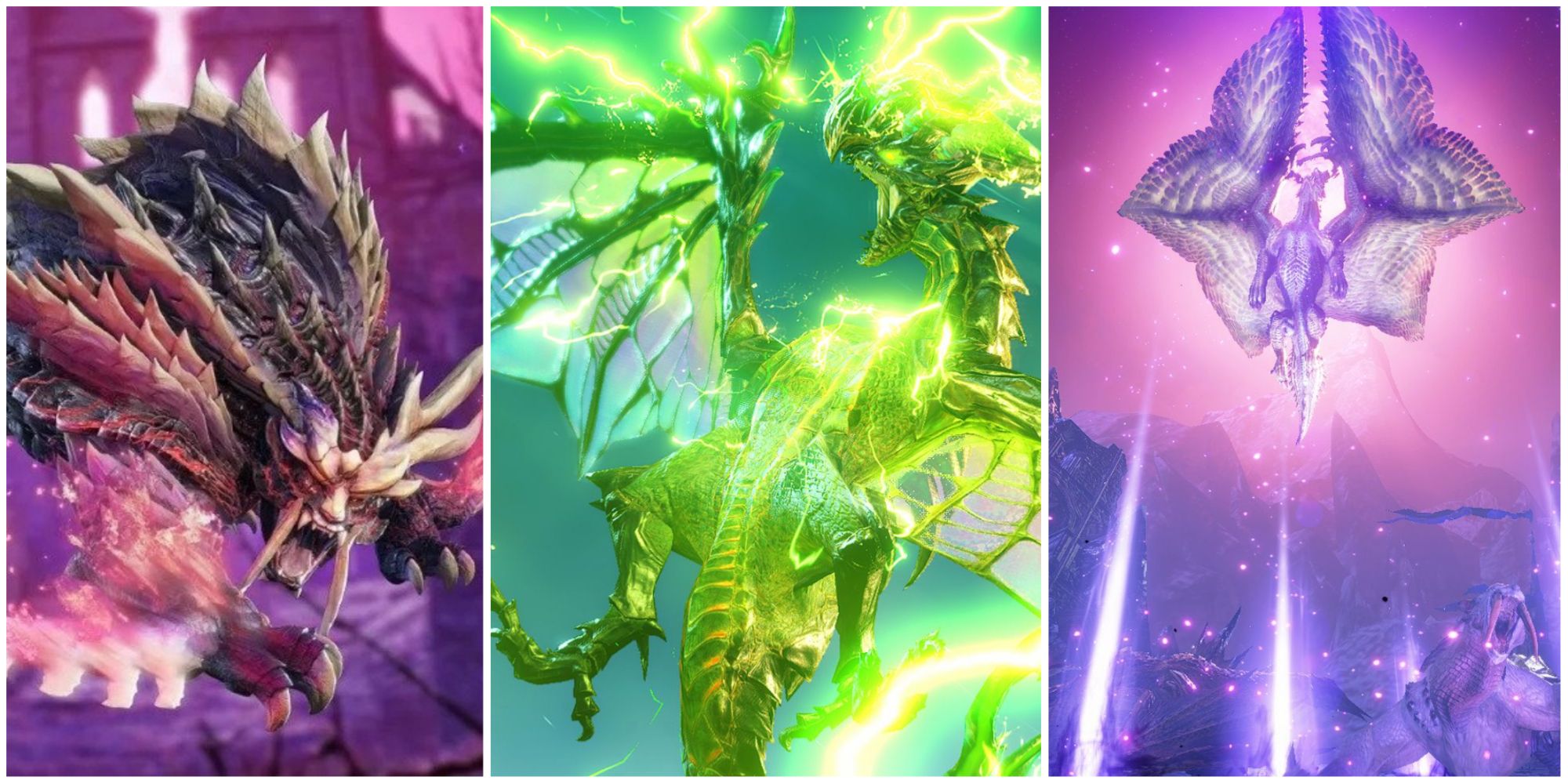 Scorned Magnamalo roaring, Astalos with green electricity pulsing around them, and Shagaru Magala in the air with their wings outstretched calling down purple beams