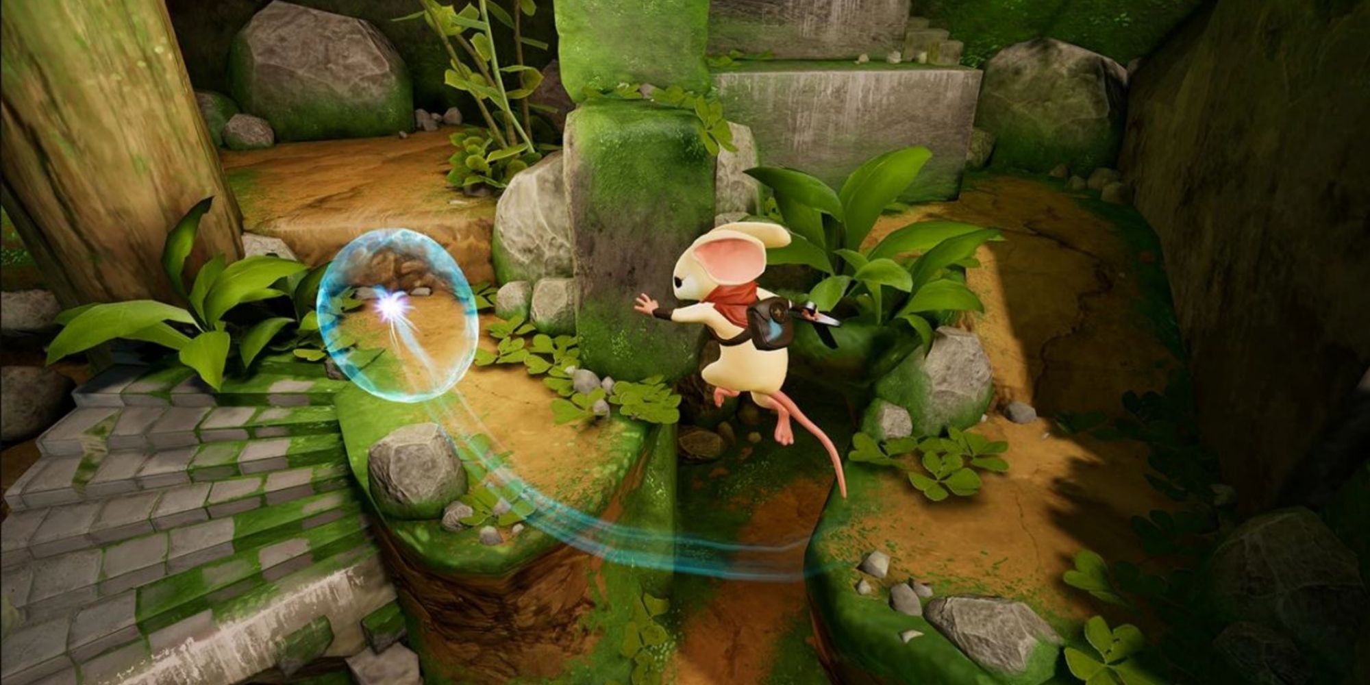 A mouse leaps across a gap in a overgrown ruins following a glowing orb
