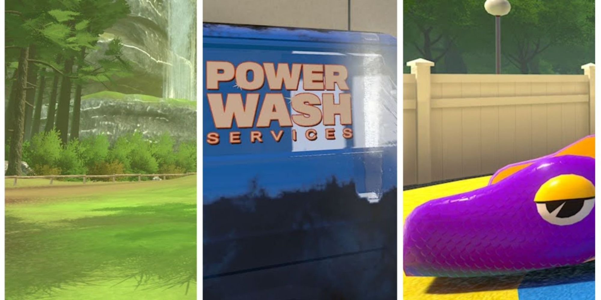 Split image of PowerWash Simulator locations and van