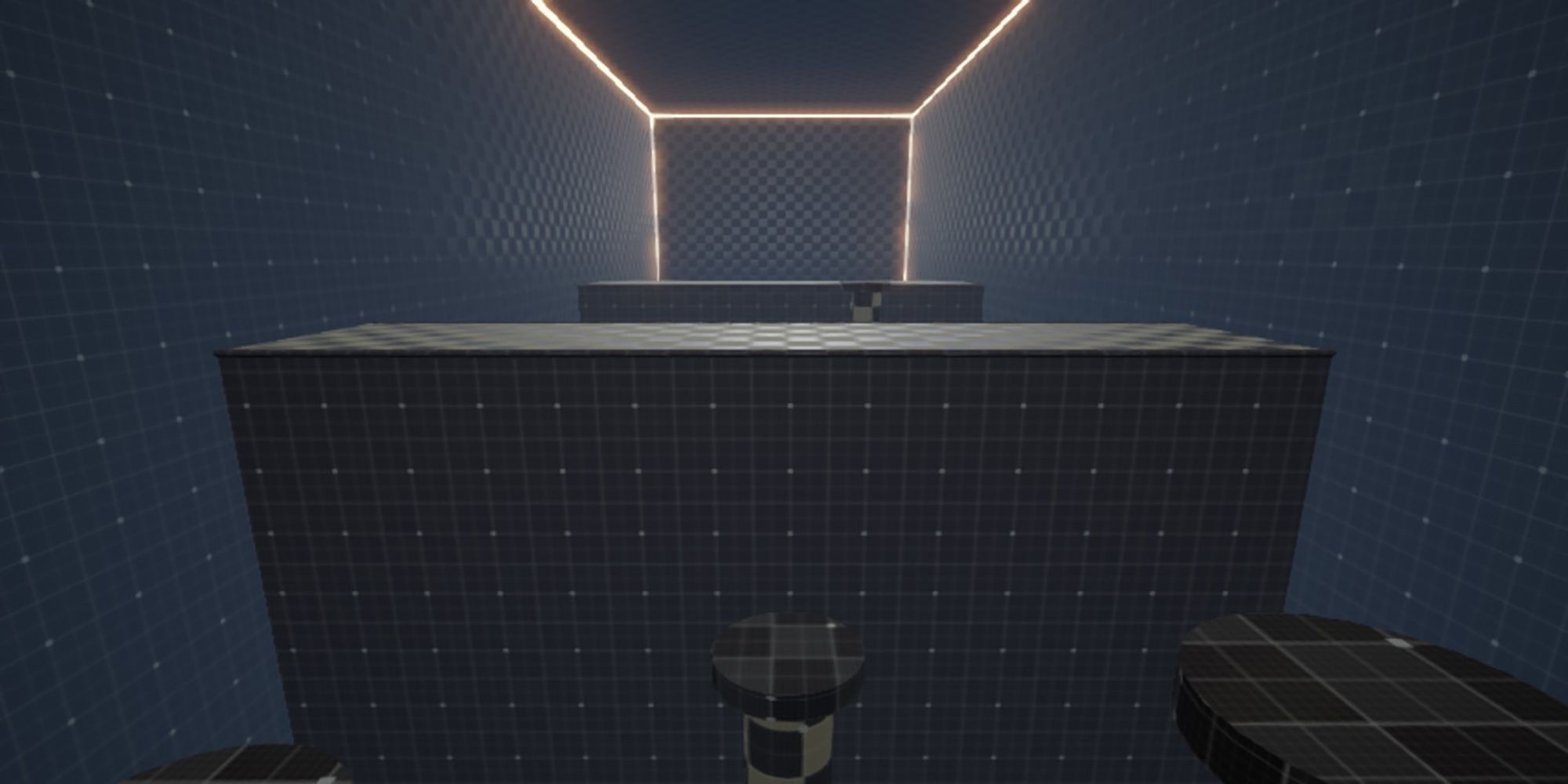 Circular platforms move up and down in a dark-blue shaded room in Inertia: Redux.