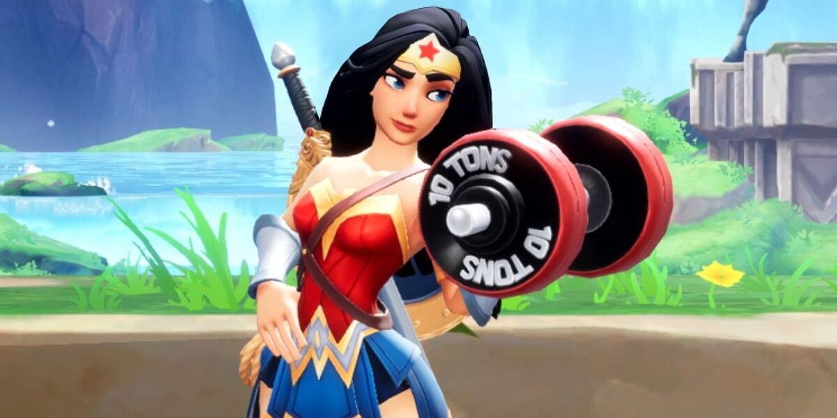 Wonder Woman Curling a 10 pound dumbbell 