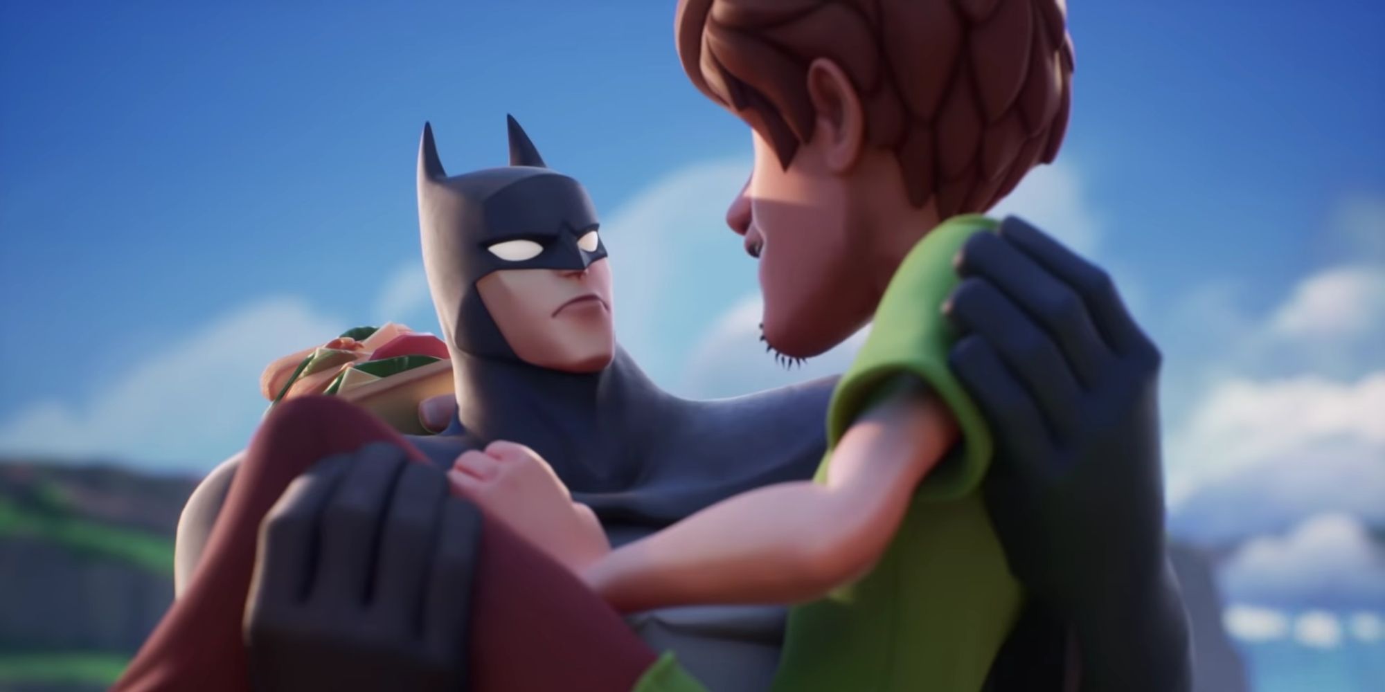 Batman holding Shaggy in the MultiVersus cinematic trailer.
