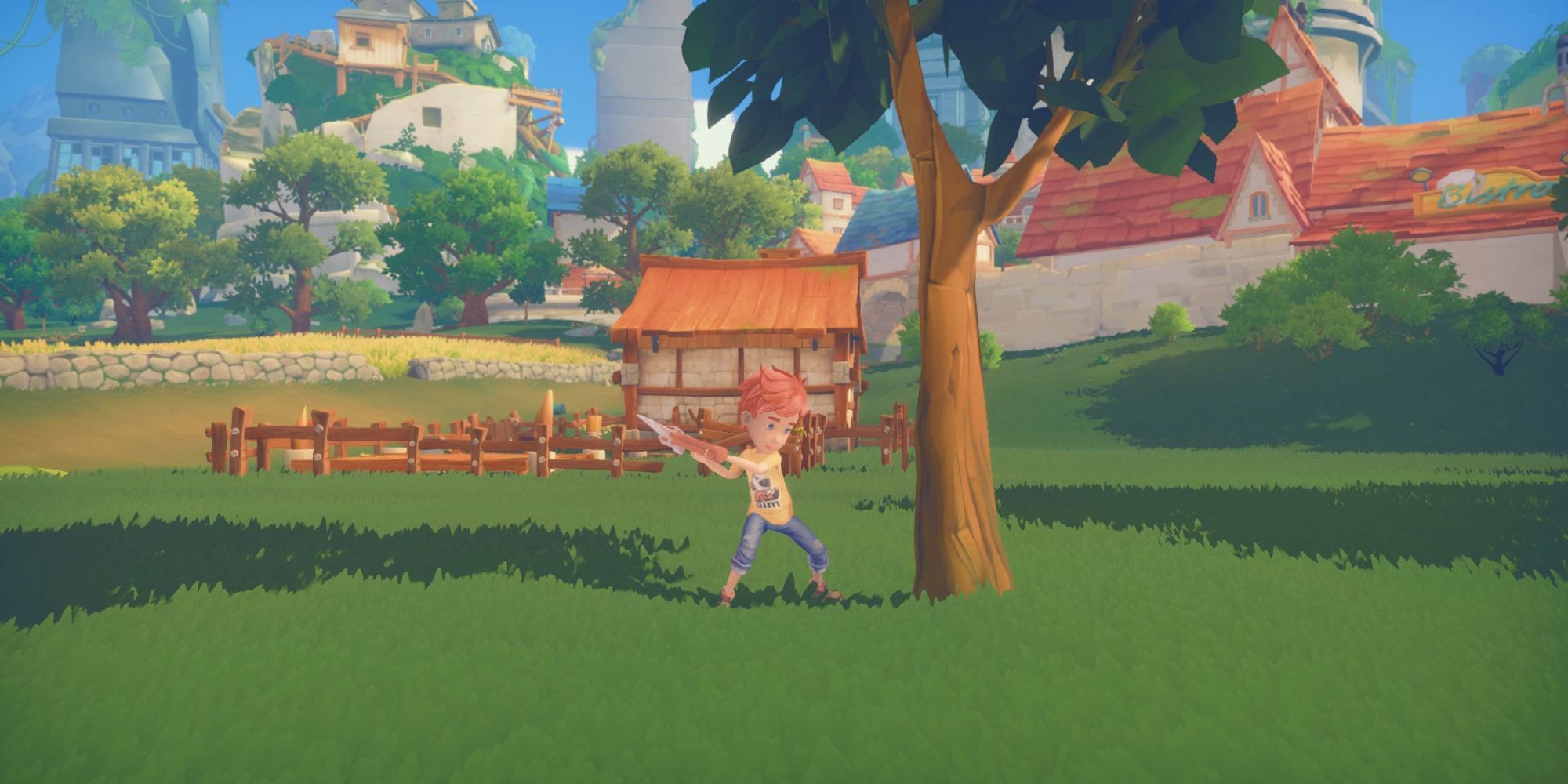 The protagonist swings his axe towards a tree in a grassy field