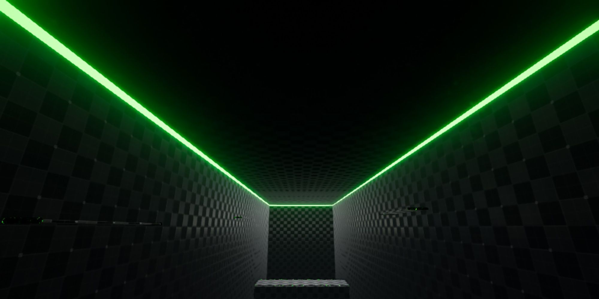 A view of narrow platforms in a neon-green and black room in Inertia: Redux.