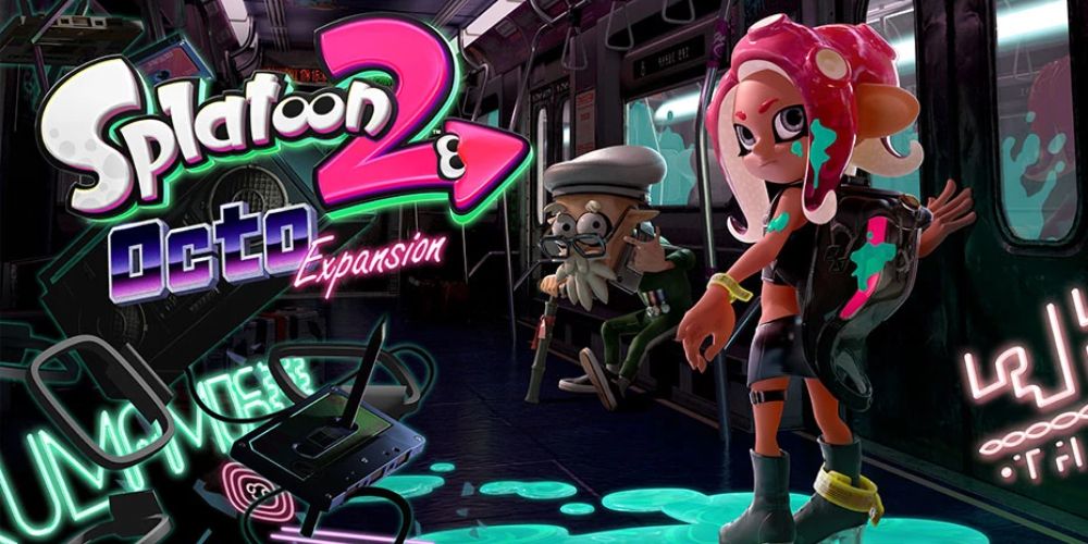 a shot of Agent 8 and Cap'n Cuttlefish from Splatoon 2 Octo Expansion standing in a subway train