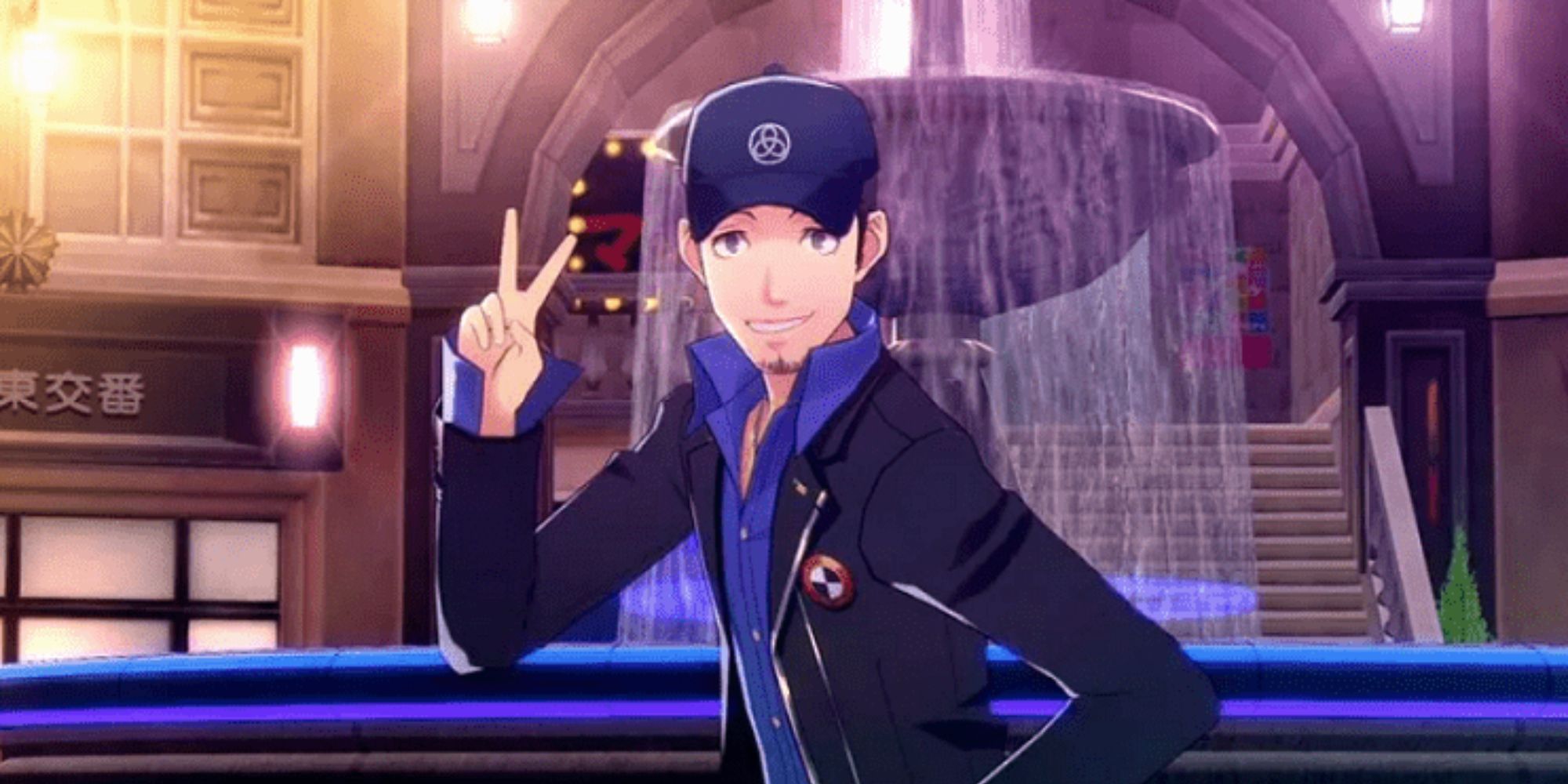 a shot of Junpei Iori from Persona 3 Dancing In Moonlight posing with his fingers in a V shape in front of a waterfall