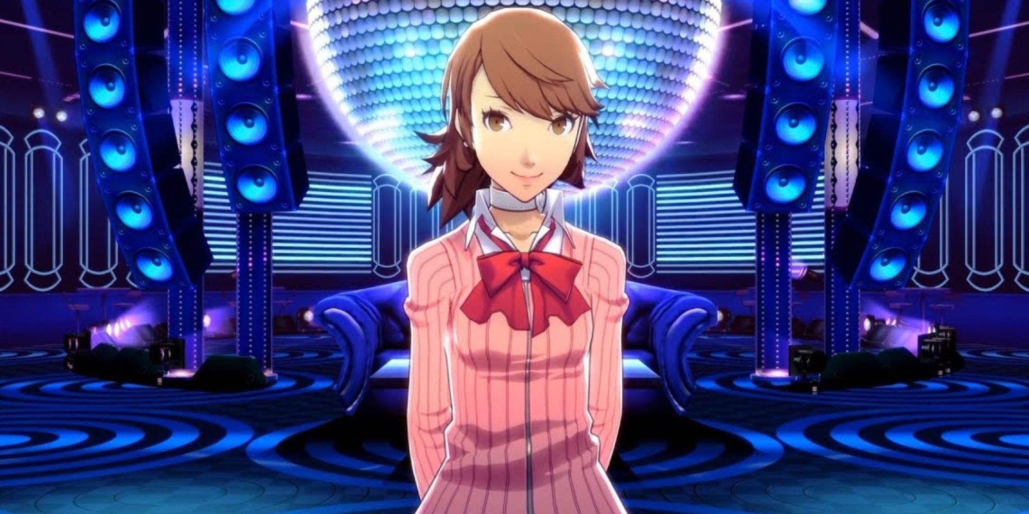 a shot of Yukari Takeba from Persona 3 Dancing In Moonlight against a backdrop of a club and large mirror balls
