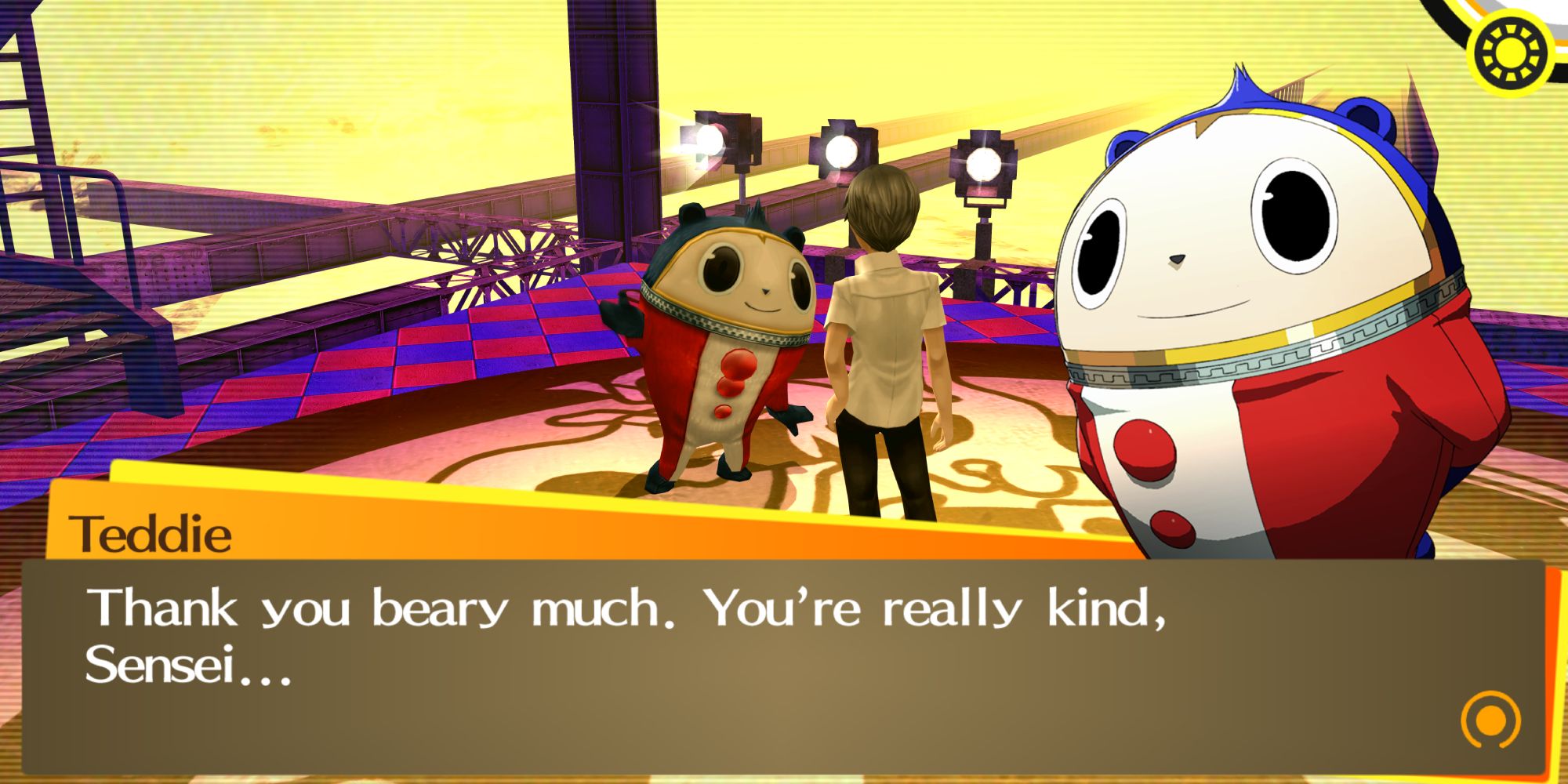 a shot of Teddie from Persona 4 Golden talking to the player with his character portrait and dialogue overlaid on top