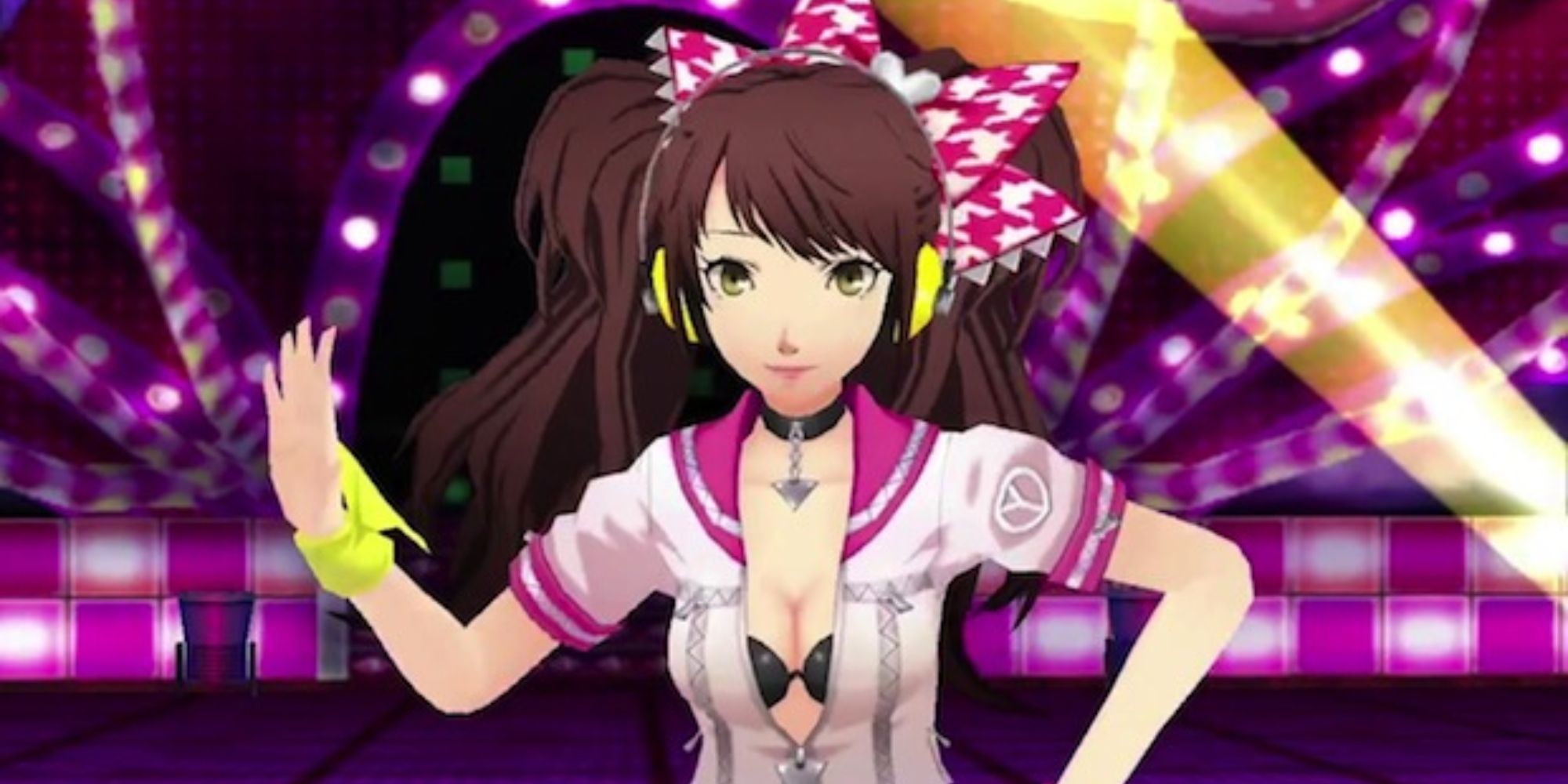 a shot of Rise Kujikawa from Persona 4 Dancing All Night with headphones on against a purple background