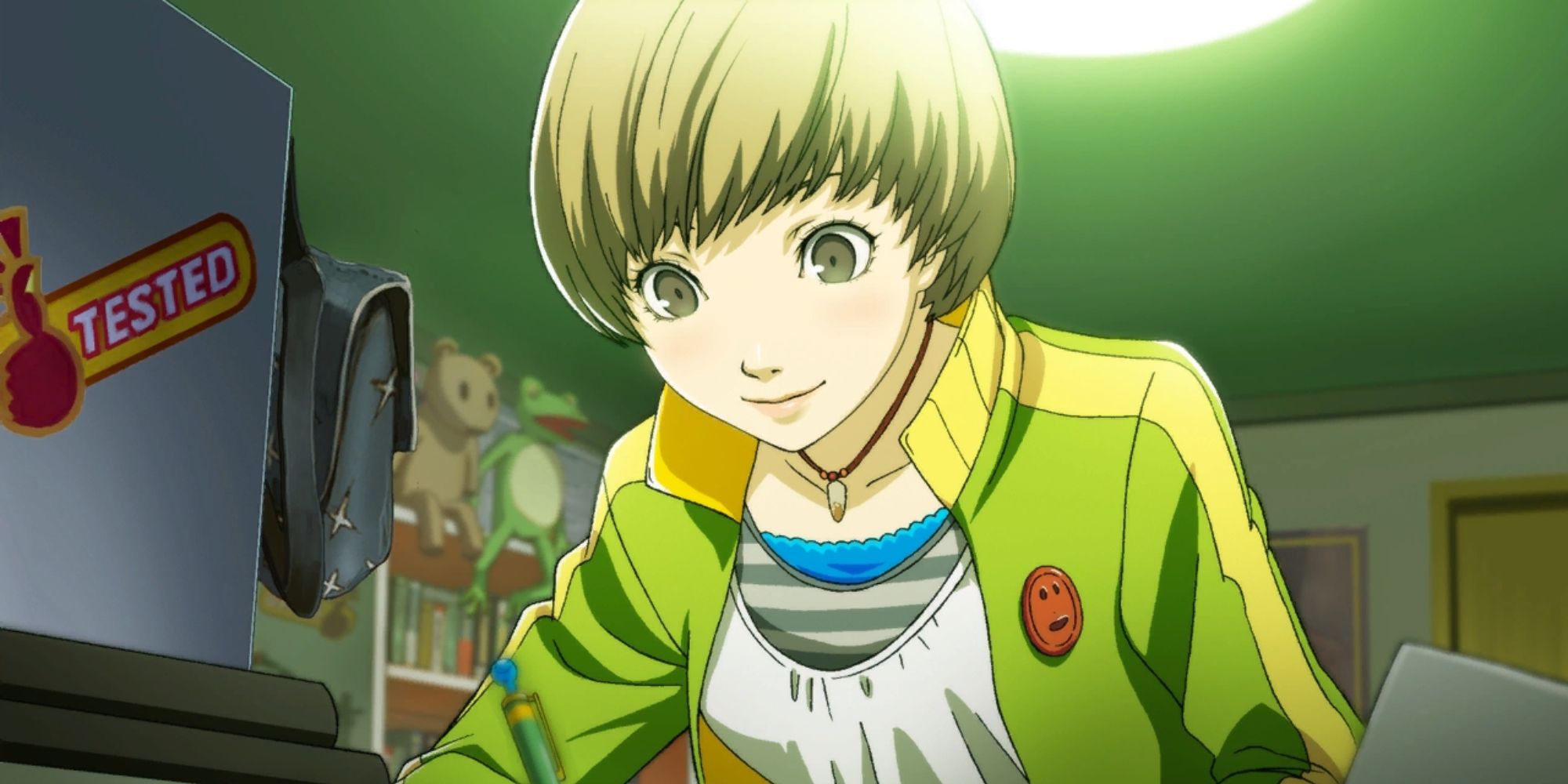 an animated shot of Chie Satonaka from Persona 4 Golden sat at her desk writing