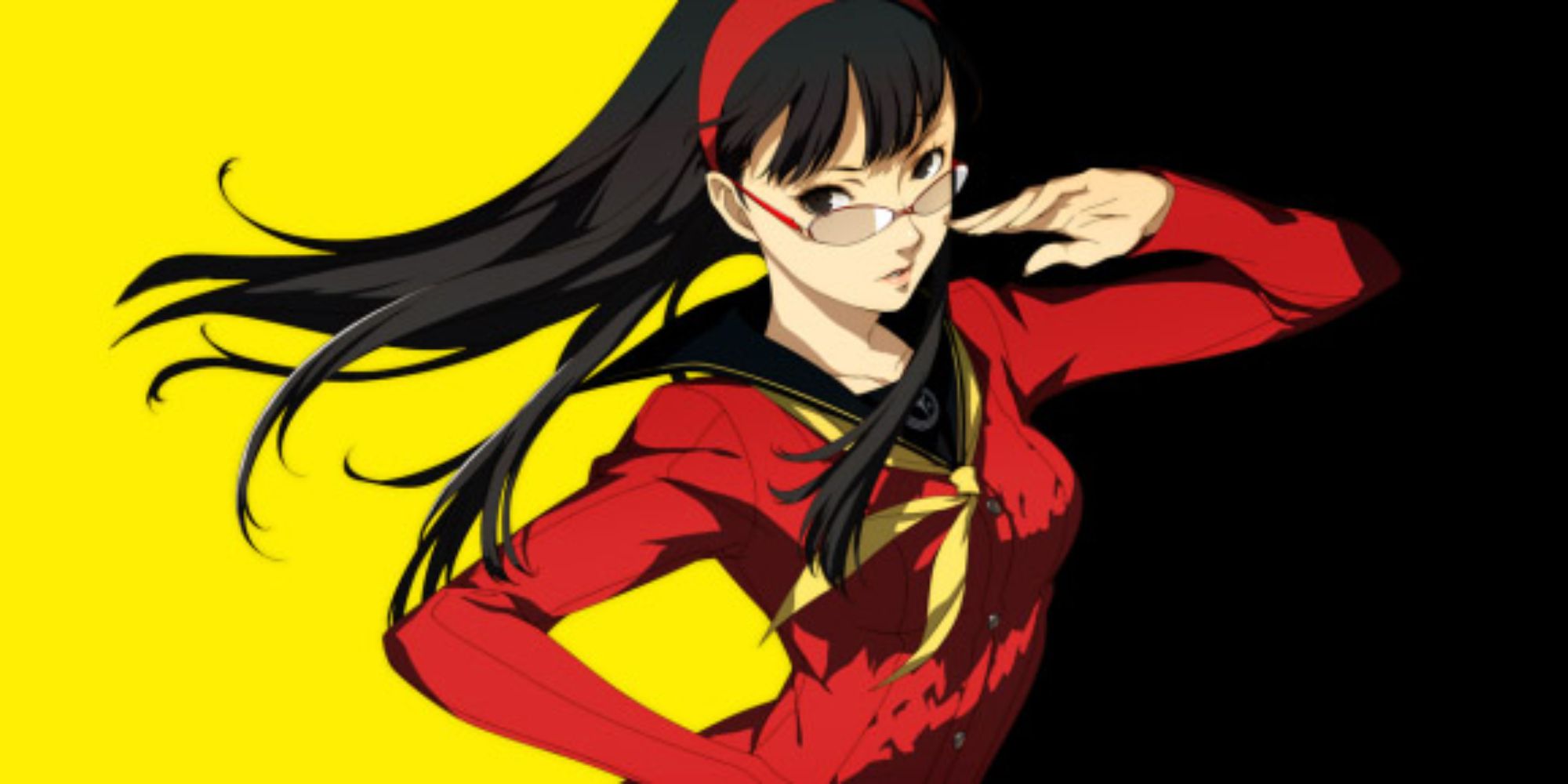character art for Yukiko Amagi from Persona 4 Golden against a black and yellow background