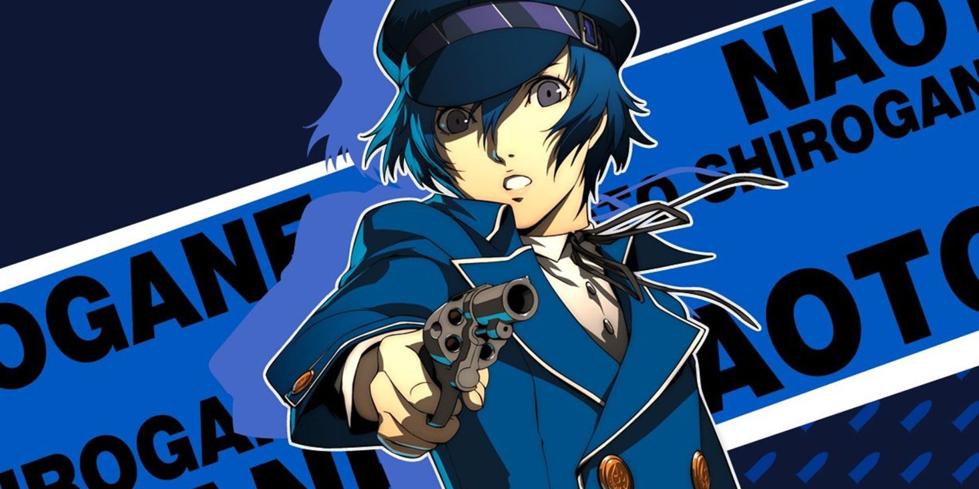 character art for Naoto Shirogane showing her holding a pistol up to the viewer in distress