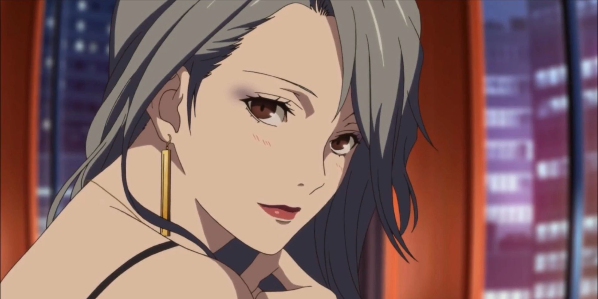 an animated shot of Sae Niijima from Persona 5 Royal sat in a bar looking at the viewer