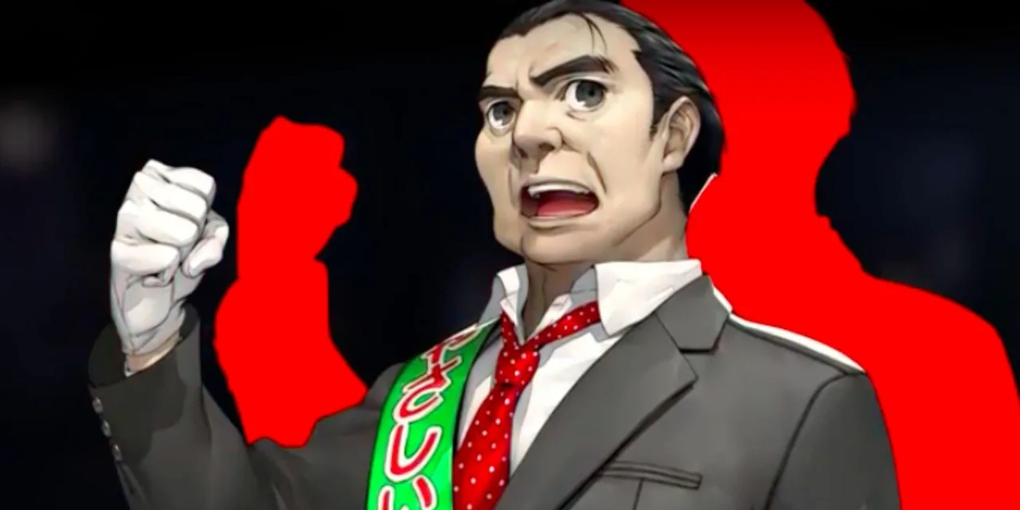 a character portrait of Toranosuke Yoshida from Persona 5 Royal standing with a green sash over his torso and his fist raised triumphantly
