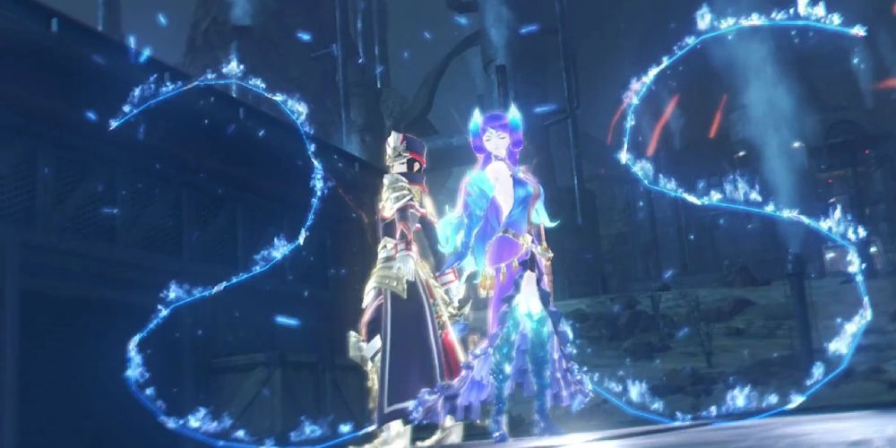 a wide shot of Brighid and Morag from Xenoblade Chronicles 2 standing next to each other while flaming whipswords rise into the air 